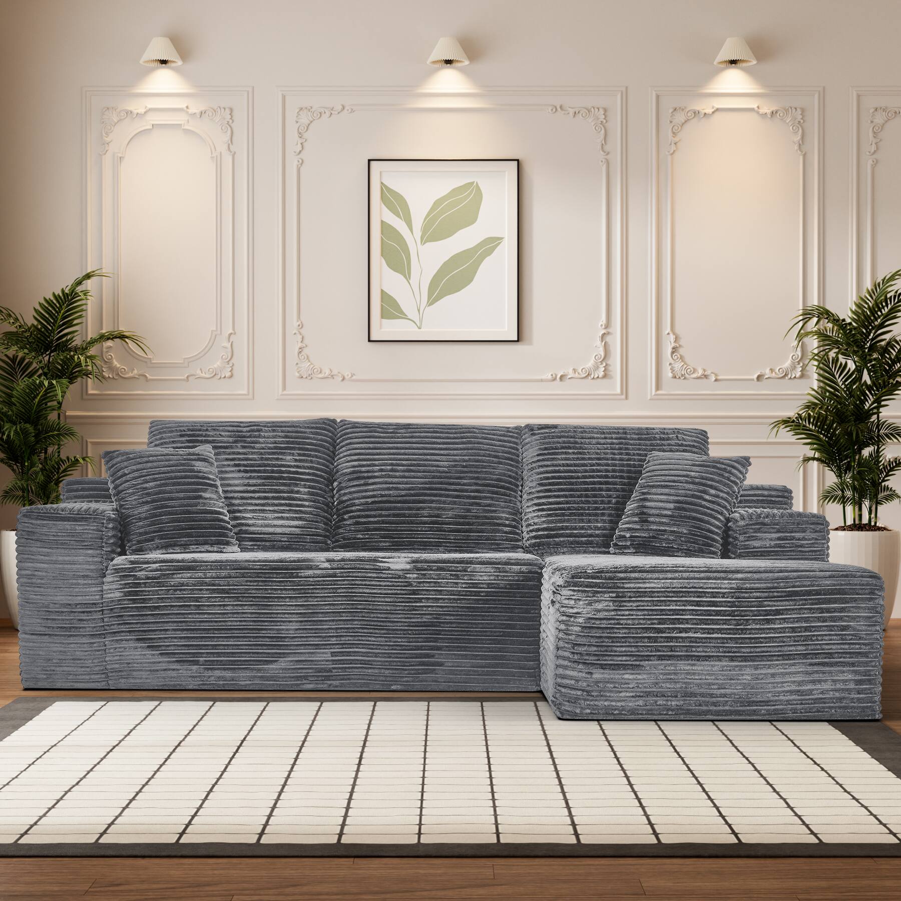 Left. Anysun - 107" Rabbit Hair Modular Cloud L-Shaped Sofa w/ Recliner, Modern Sleeper, Deep Seat, No Assembly Needed - Grey.