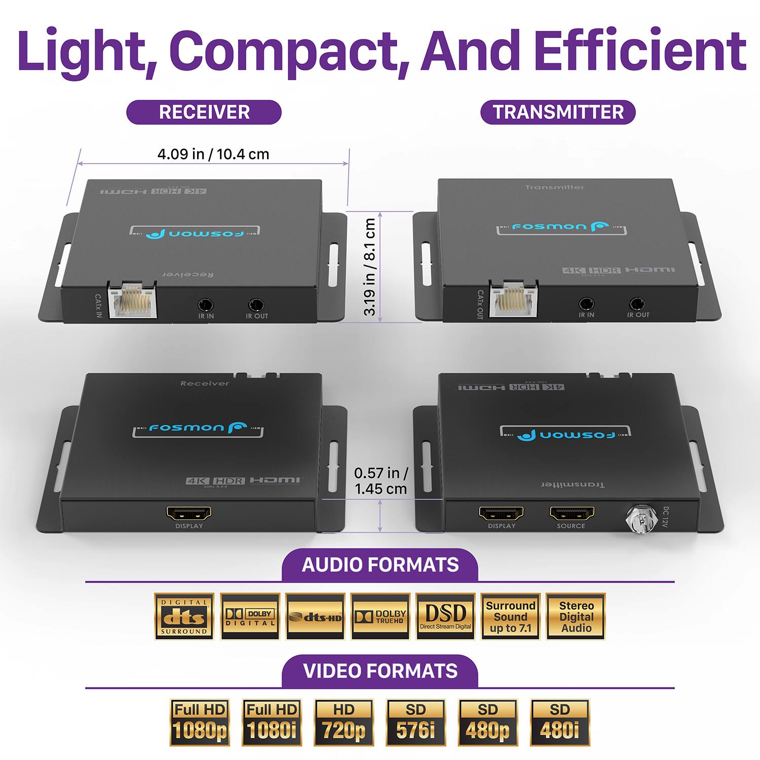Light, Compact, And Efficient
RECEIVER
4.09 in / 10.4 cm

TRANSMITTER
3.19 in / 8.1 cm

AUDIO FORMATS
DIGITAL
dts
DOLBY DIGITAL
dts-HD
SURROUND
dts-HD Surround
Stereo Digital Audio
DOLBY TRUEHD
DSD Sound Digital
up to 7.1 Audio

VIDEO FORMATS
Full HD
1080p
1080i
HD
720p
SD
576i
SD
480p
SD
480i