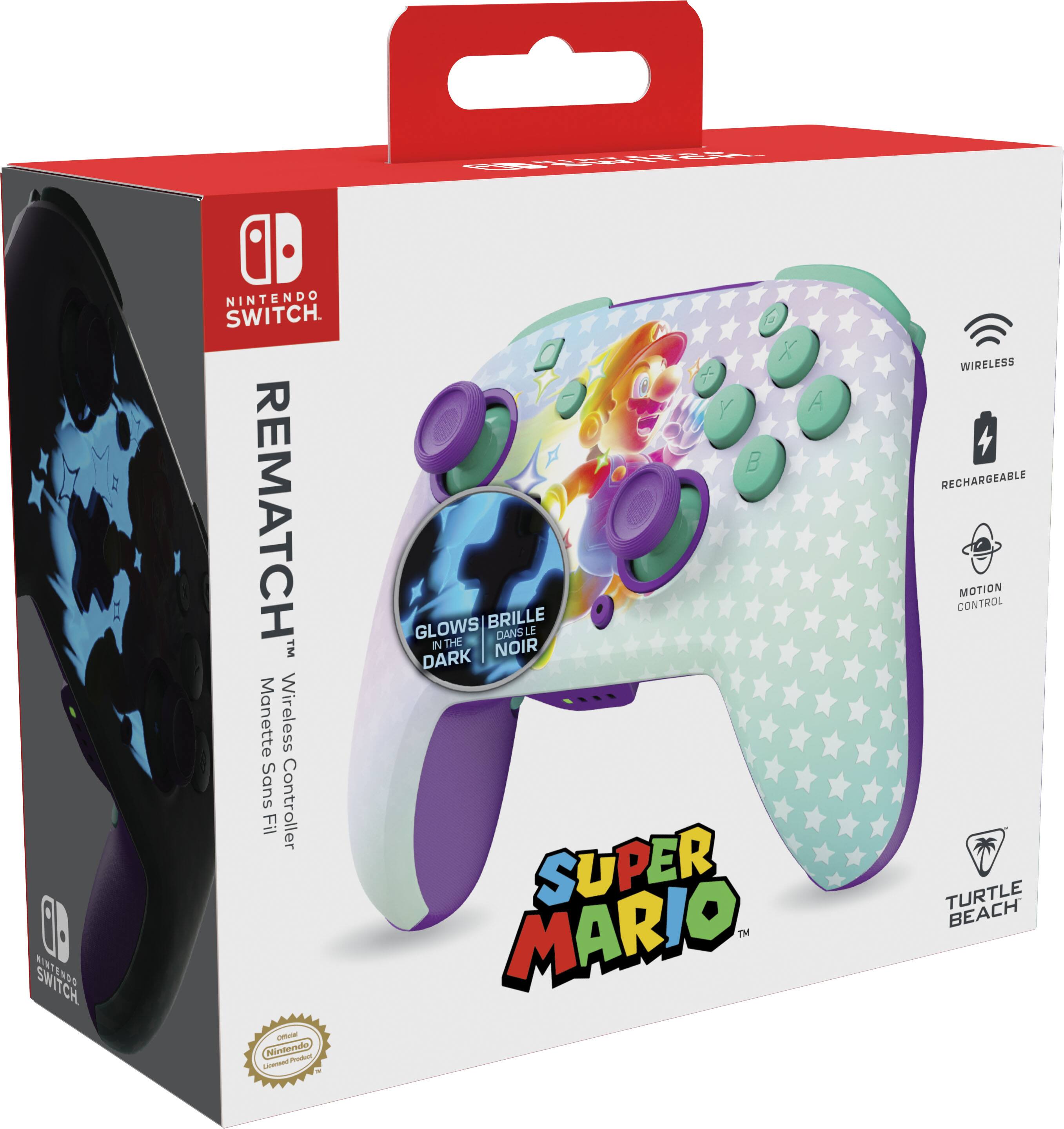 The image features a Nintendo Switch game controller, specifically a Super Mario controller, which is designed for the Nintendo Switch gaming console. The controller is wireless and rechargeable, and it includes motion control capabilities. The controller is displayed in a box, which is likely the packaging for the product.