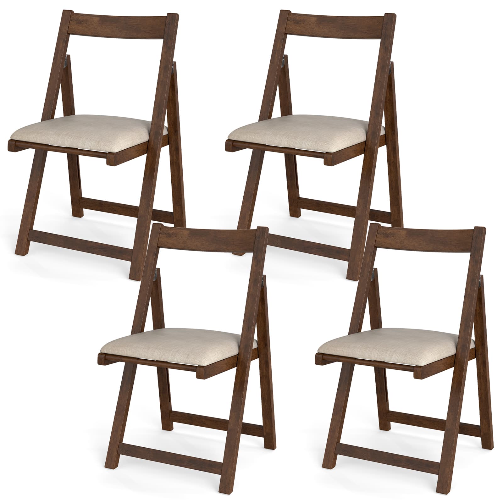Costway - Folding Dining Chair Set of 4 Rubber Wood Frame for Dining Room - Walnut