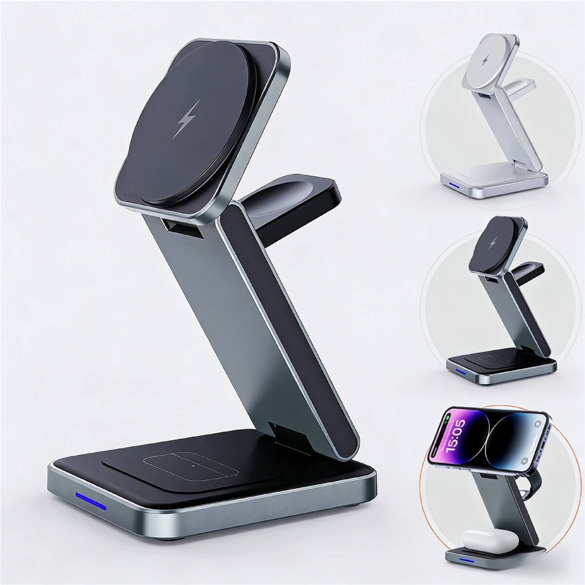 Alt View 1. RISOKEYS - 3-in-1 Wireless Charger - 15W MagSafe Magnetic Folding Power Adapter for iPhone, Wireless Charging Stand - Black.