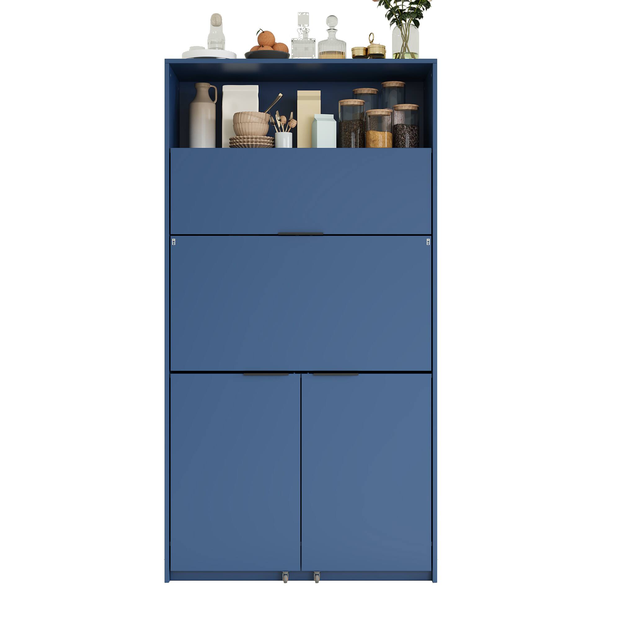 Alt View 4. Forest'nSky - 69" Tall Kitchen Pantry Cabinet with Hutch, Foldable Workstation & Power Outlet, Dark Blue - Dark Blue.