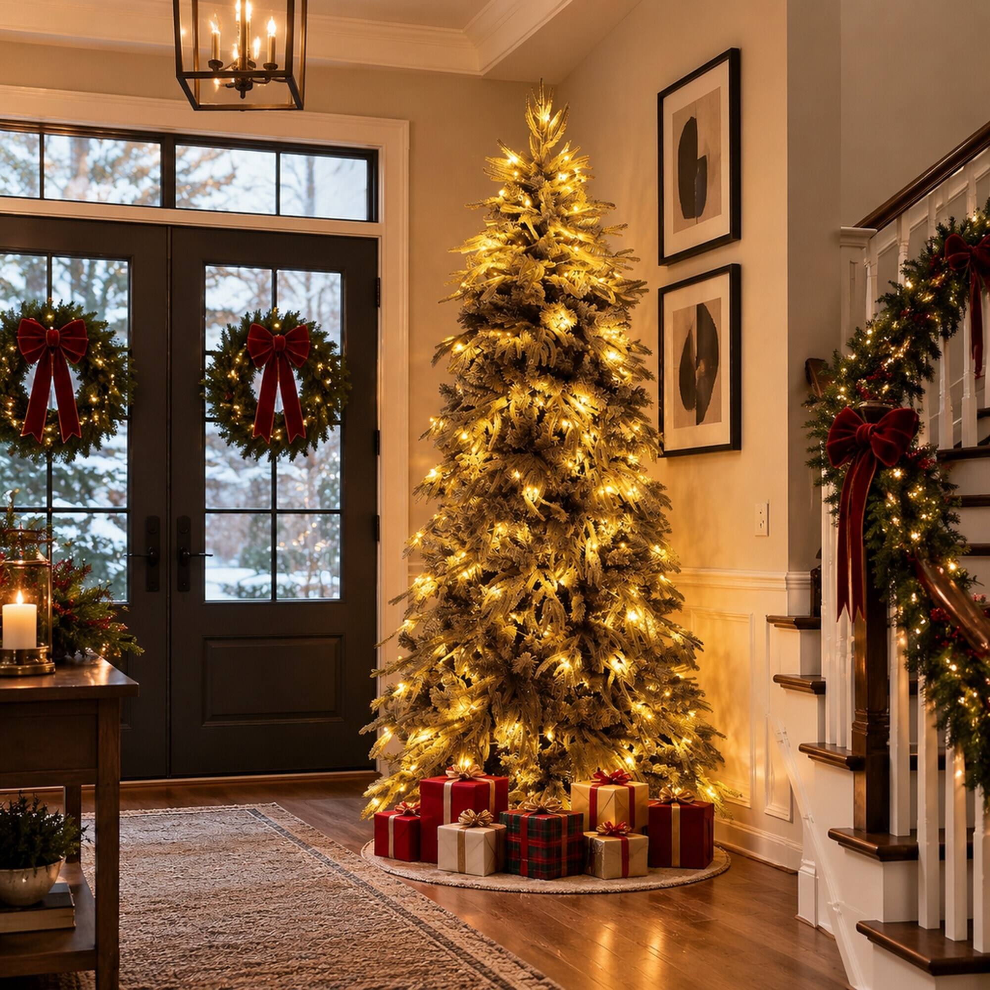 Alt View 2. RYHNUYNE - 8FT Pre-Lit Slim Flocked Christmas Tree With 350 Warm White LED Lights and 950 Tips, Metal Stand for Narrow Spaces - White.