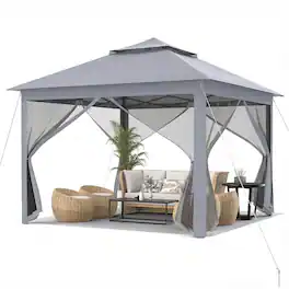 Gymax - 11 ft x 11 ft Pop up Gazebo w/Mesh Netting Sidewalls Vented Top Drainage Holes Grey - Gray