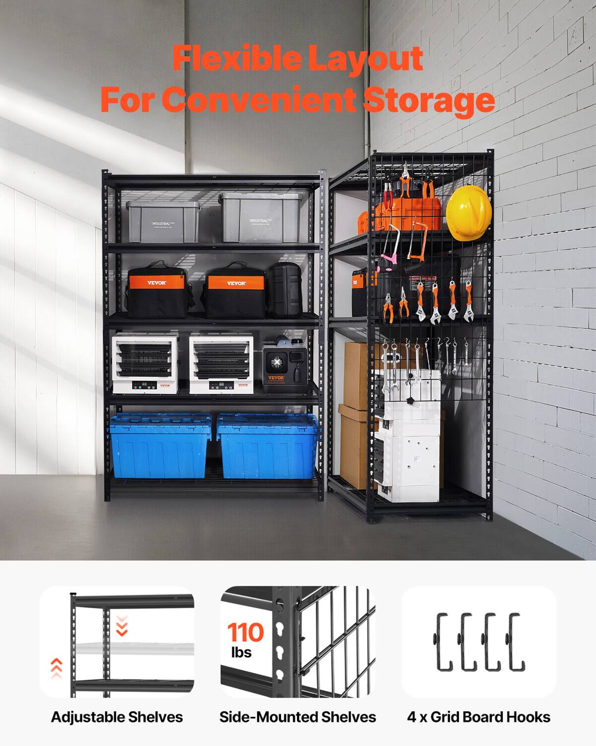 Flexible Layout For Convenient Storage - Adjustable Shelves - Side-Mounted Shelves - 110 lbs - 4 x Grid Board Hooks
