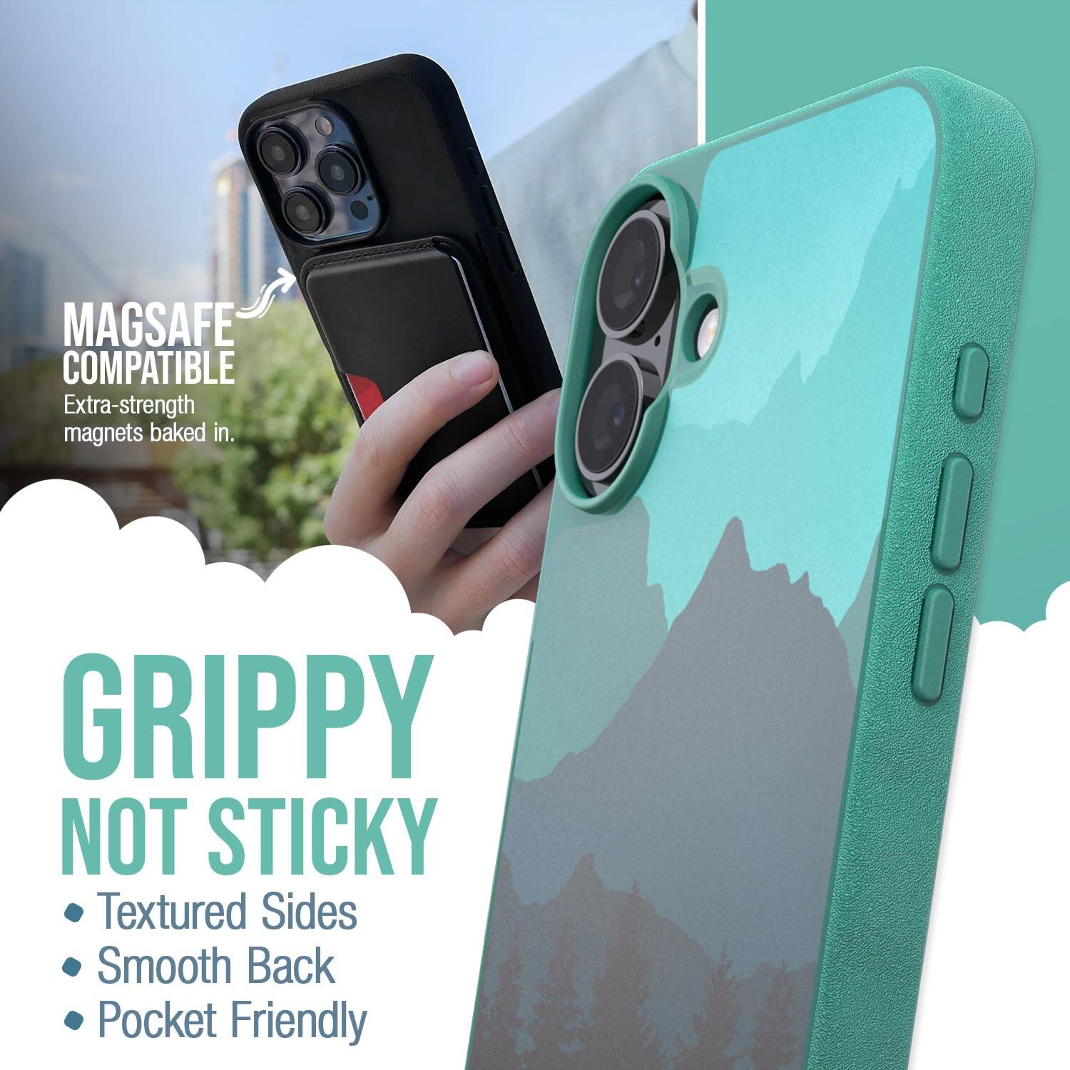 MAGSAFE COMPATIBLE  
Extra-strength magnets baked in.  

GRIPPY NOT STICKY  
Textured Sides  
Smooth Back  
Pocket Friendly
