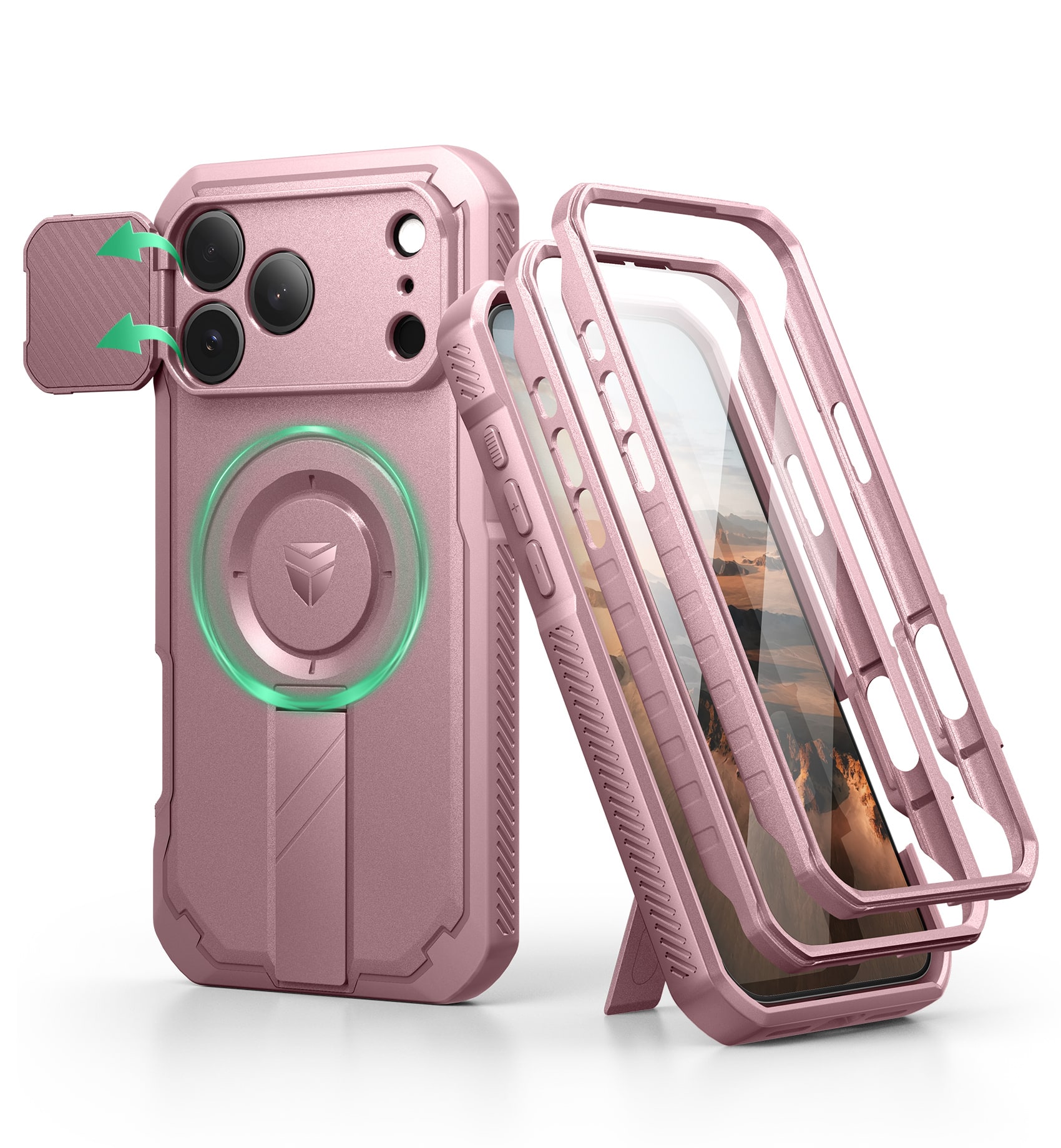 dexnor - iPhone 17 Pro Max Case: 2 Front Frames, Flip Cam Cover, Kickstand, Mag,Screen Protector, 6.9in - Peony Pink