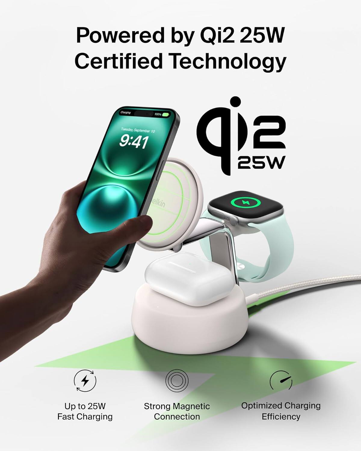 Powered by Qi2 25W Certified Technology

- Up to 25W Fast Charging
- Strong Magnetic Connection
- Optimized Charging Efficiency
