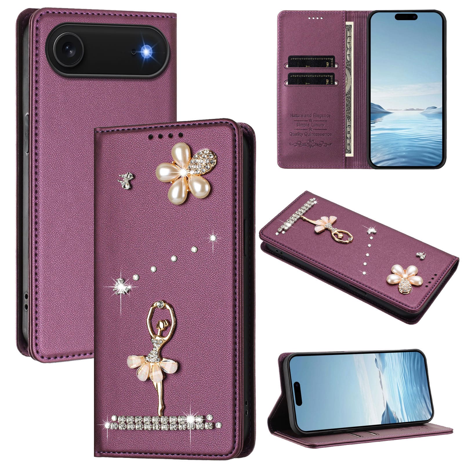 Dteck - 3D Bling Ballerina Wallet Case for Apple iPhone Air, RFID Blocking PU Leather Flip Cover with Card Slots - Darkpurple
