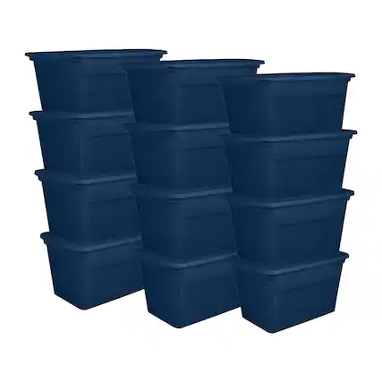 Front. Sterilite - Sterilite Classic Lidded Stackable 30 Gal Storage Tote Container, Blue, 12 Pack - Marine Blue.