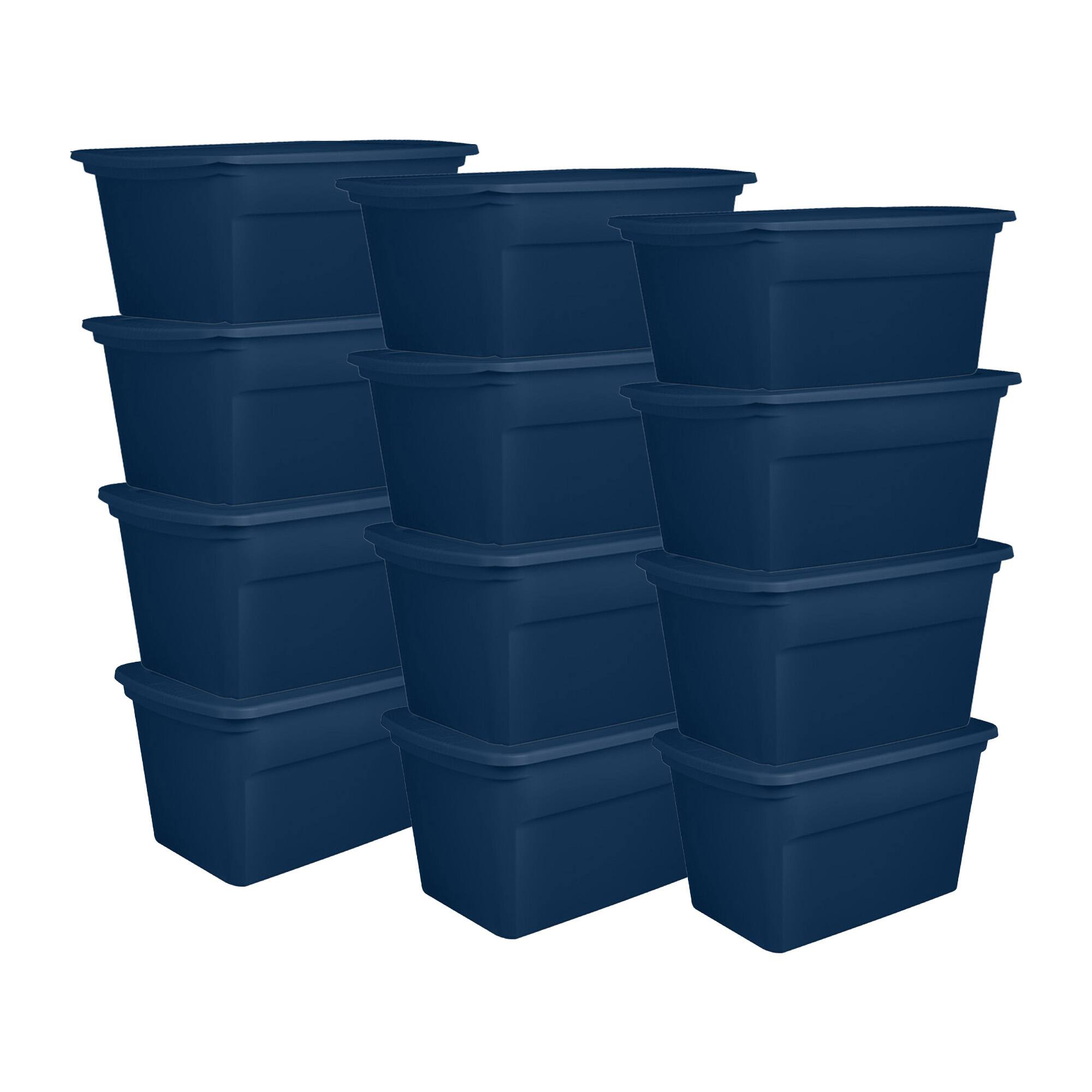 Front. Sterilite - Sterilite Classic Lidded Stackable 30 Gal Storage Tote Container, Blue, 12 Pack - Marine Blue.