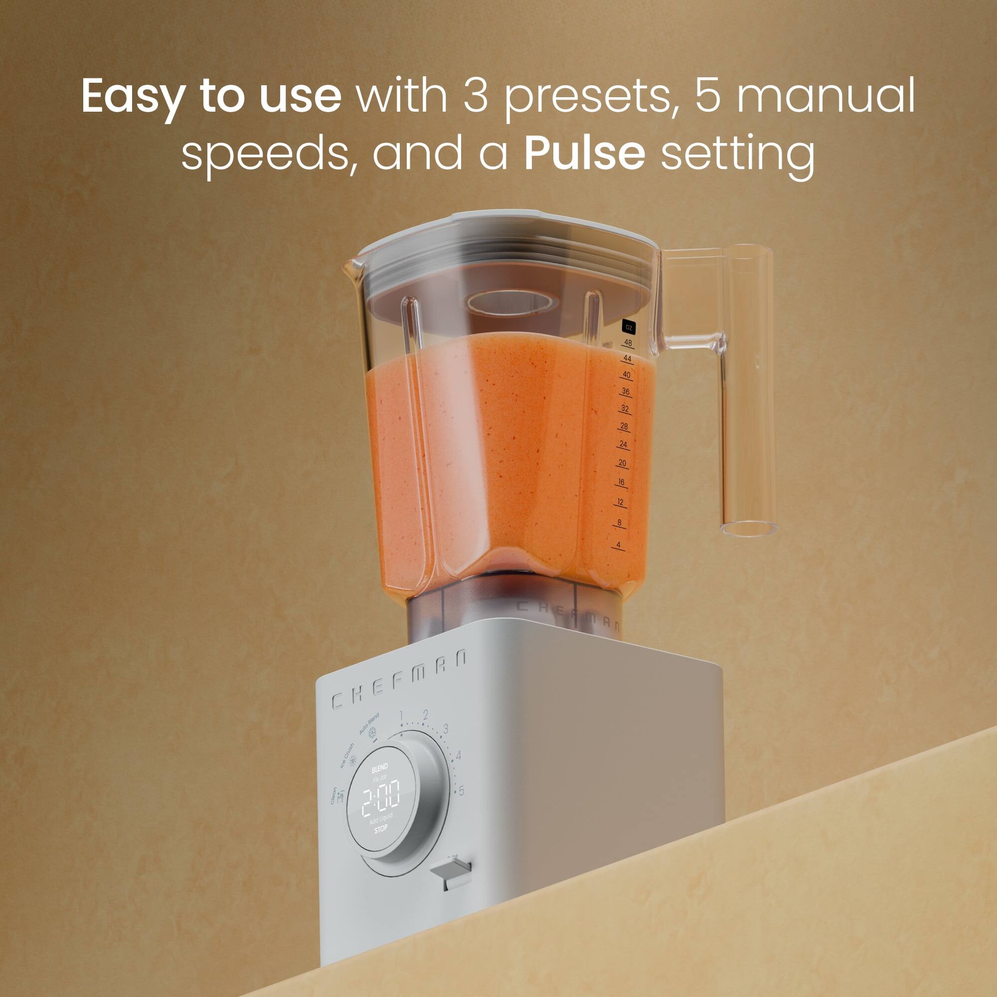 Easy to use with 3 presets, 5 manual speeds, and a Pulse setting