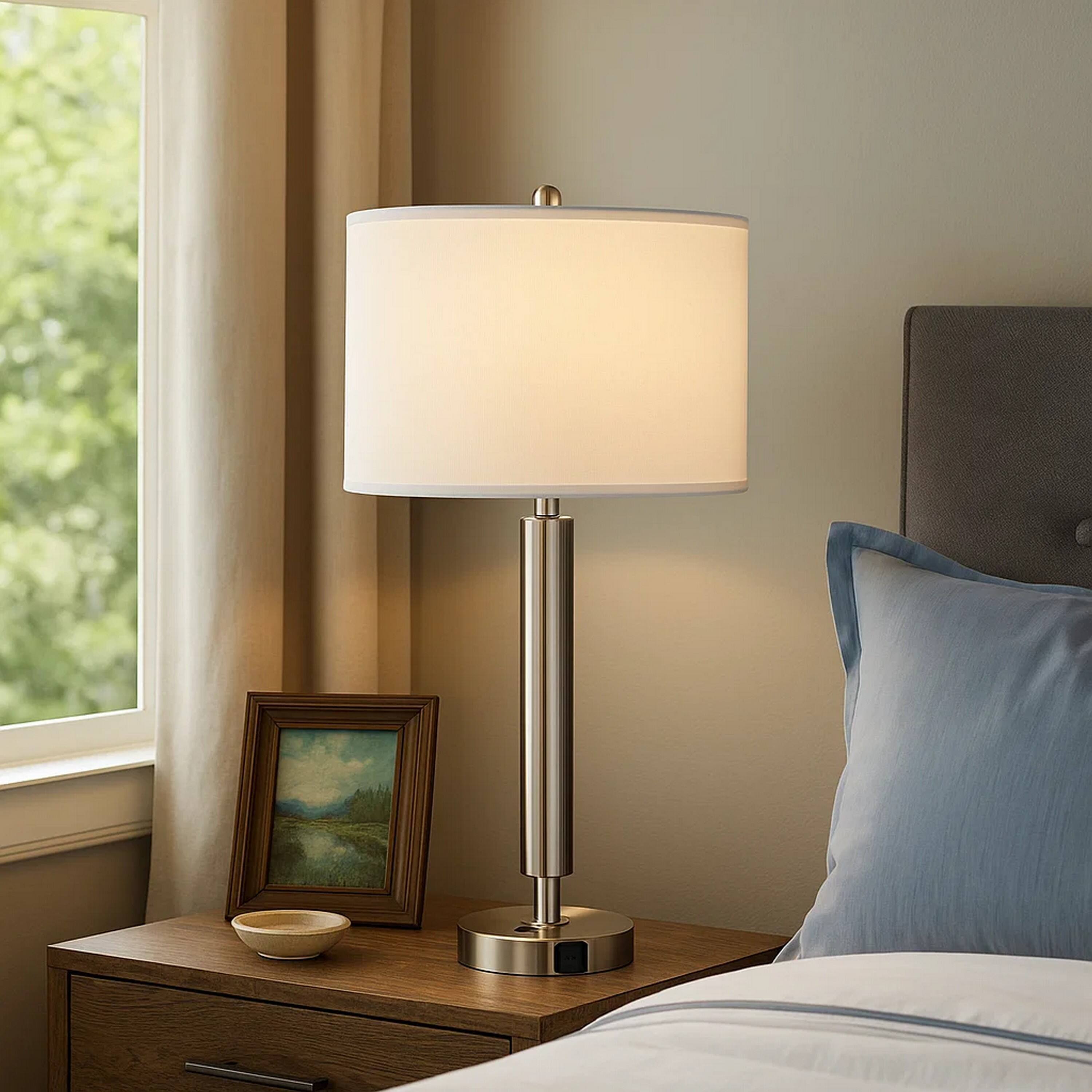 Alt View 2. Manhattan Lane - Metal Table Lamp with Fabric Drum Shade - Silver and White.