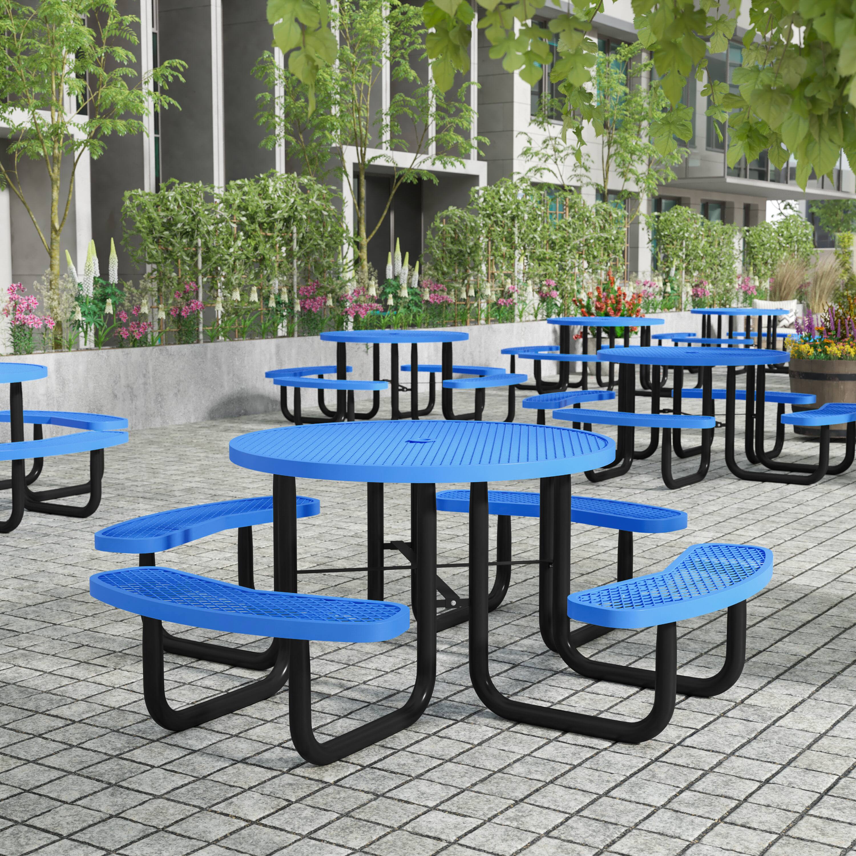 Alt View 1. Flash Furniture - Creekside 46" Round Outdoor Picnic Table with Commercial Heavy Gauge Expanded Metal Mesh Seats and Top with Umbrella Hol - Blue.
