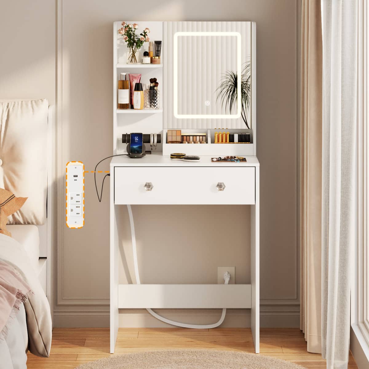 Furnulem - 23 In Vanity Desk with Mirror and Lights Makeup Vanity with Drawers - White