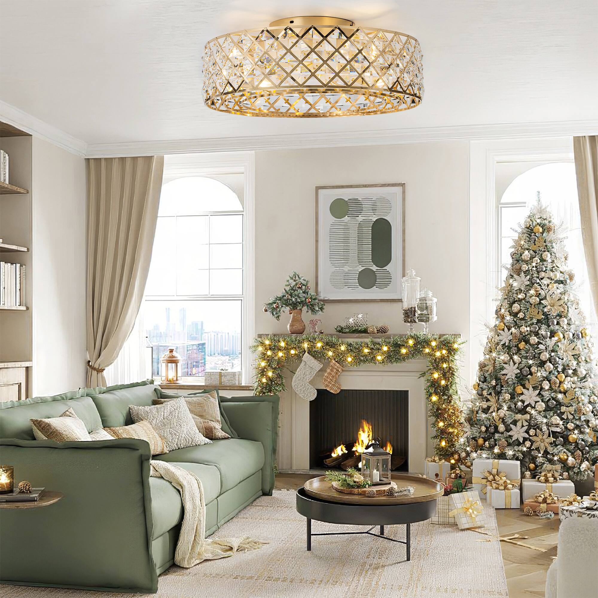 Back. Breezary - 19-Inch Ceiling Fan with Crystal Cage Shade, 7 Transparent ABS Blades, DC Motor, 6-Speed Remote Control, Timer, E26 Base - Gold.