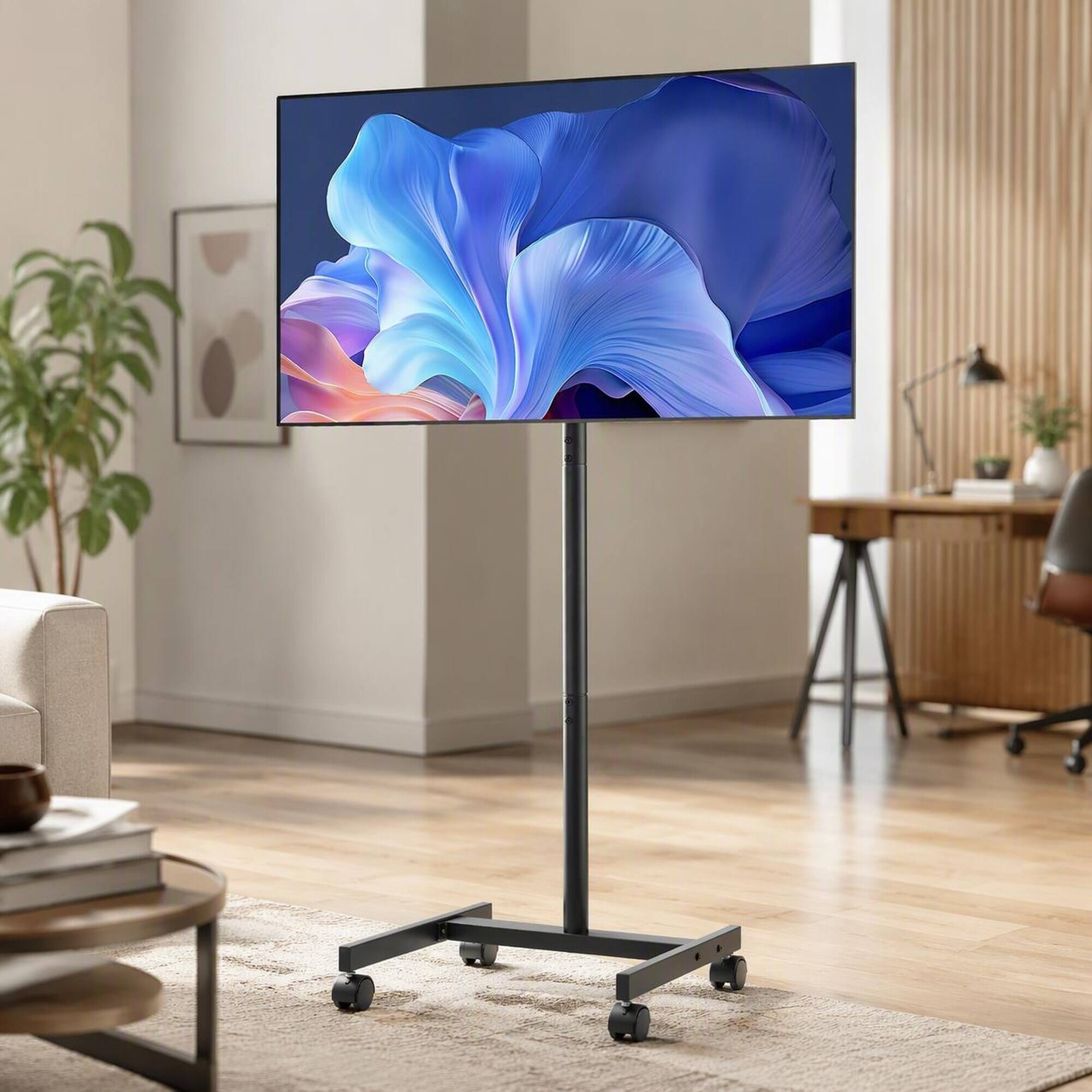 Front. RYHNUYNE - Rolling Mobile TV Cart, Portrait To Landscape Switch Portable Stand For 17-55 Inch Screens - Black.