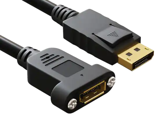 Front. Cable Leader - 1ft DisplayPort 1.2 Panel Mount Extension Cable, Male to Female, Latched - Black.