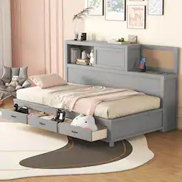 Tiramisubest - Twin Size Wooden Daybed with 3 Storage Drawers, Upper Soft Board, shelf, and a set of Sockets and USB Ports, Gray - Gray