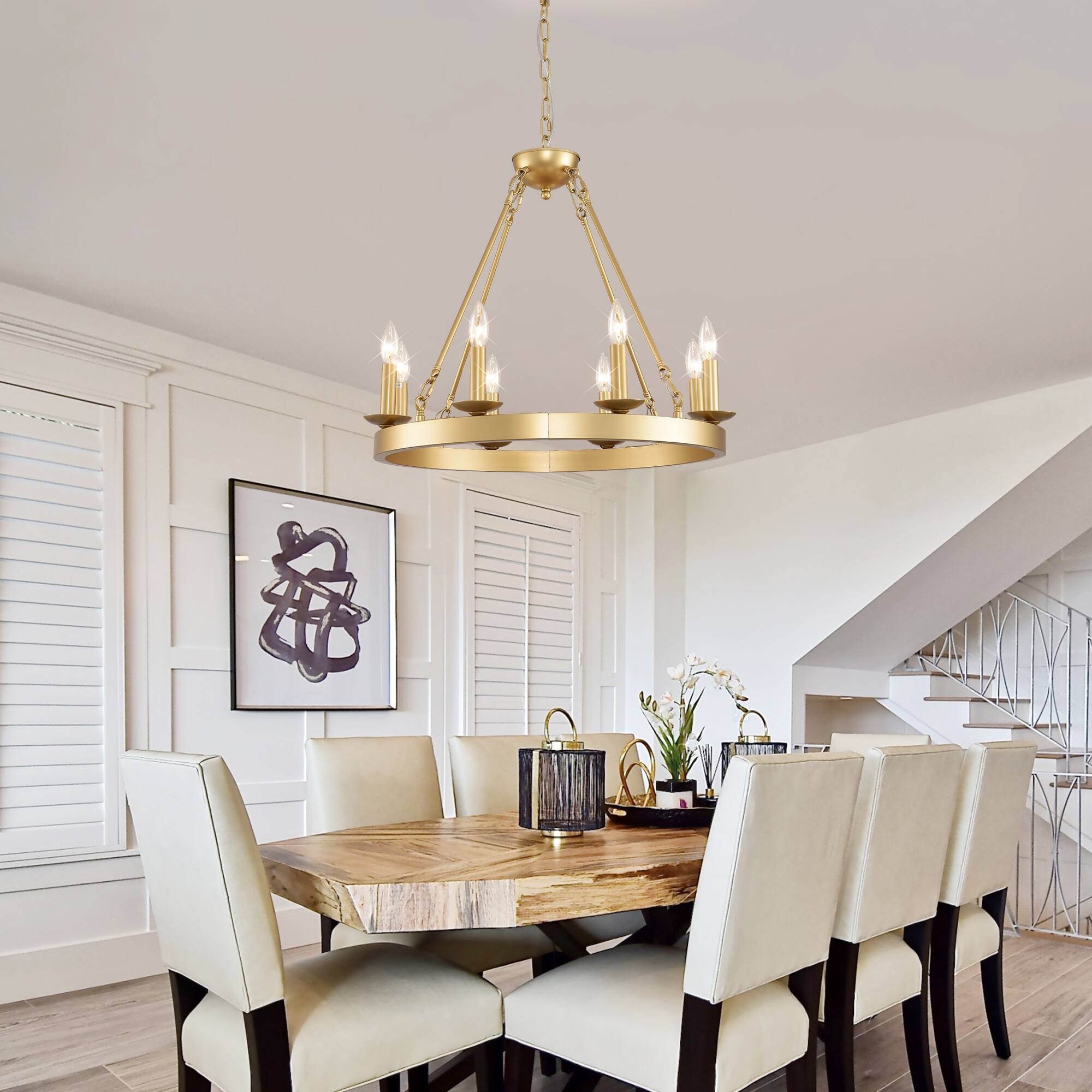 Alt View 1. Boyel Living - Wagon Wheel Chandelier Farmhouse Modern Small Round Chandelier for Living Room Kitchen Island Foyer Hallway.