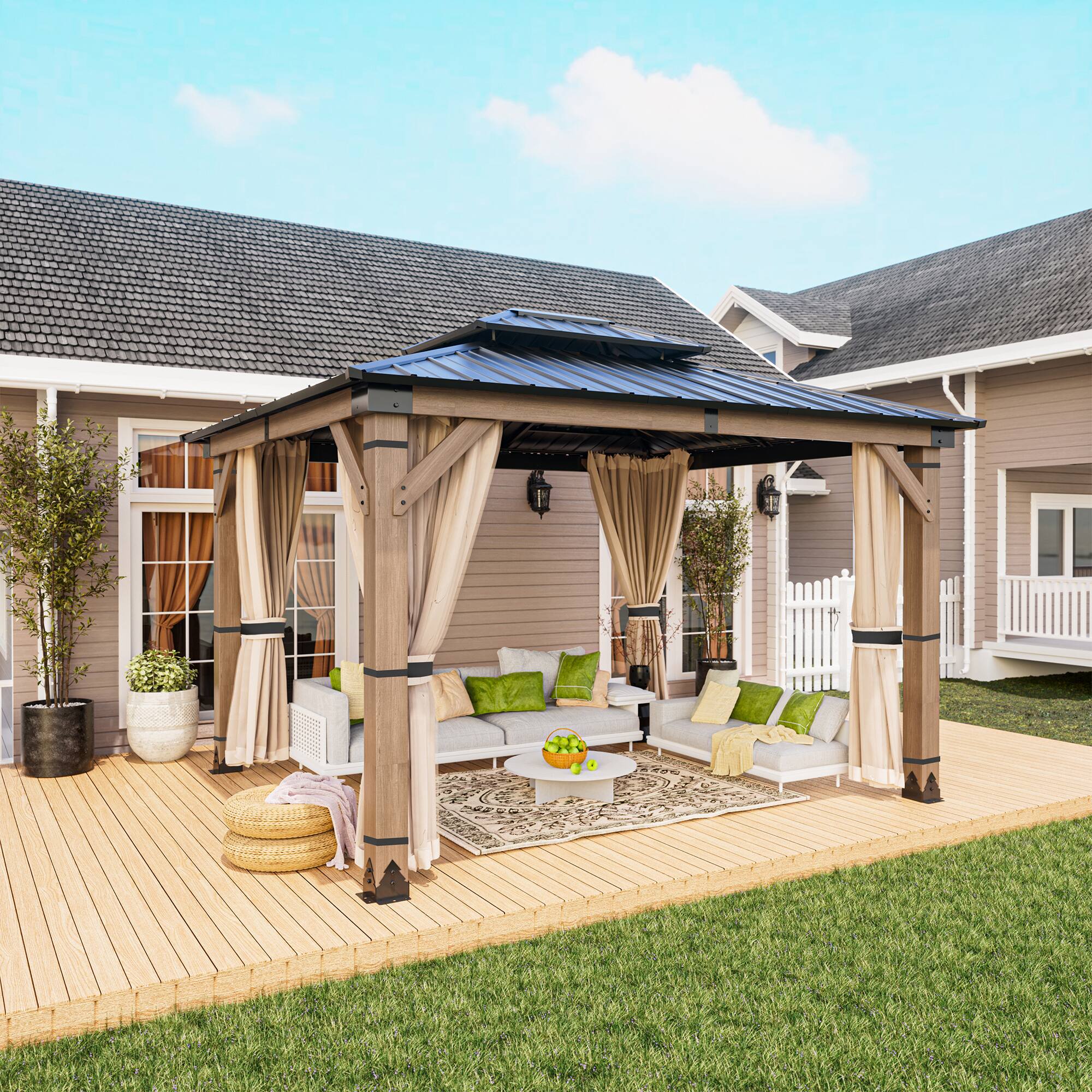 Angle. Mondawe - 10x12 ft. Solid Cedar Wood Patio Gazebo with Curtains and Mesh Screens - Natural Wood + Black.