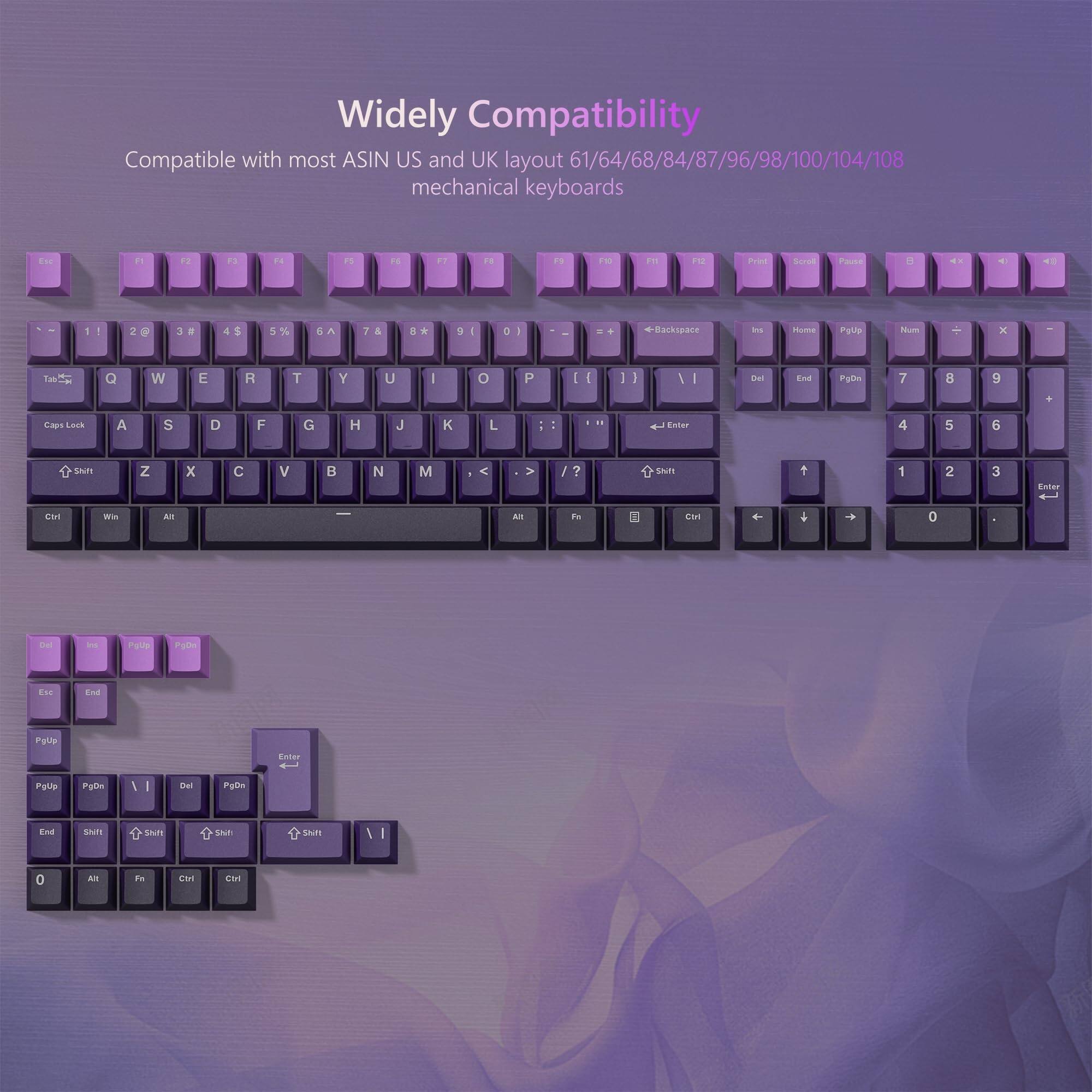 Widely Compatibility  
Compatible with most ASIN US and UK layout 61/64/68/84/87/96/98/100/104/108 mechanical keyboards