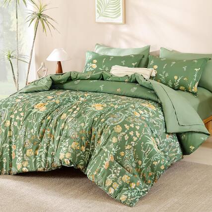 Front. Cedar Assembly - 7 Piece Floral Comforter Set Cute Watercolour Botanical Bedding Bed In A Bag Soft Microfiber Complete With - Sage Green-King (104"x90").