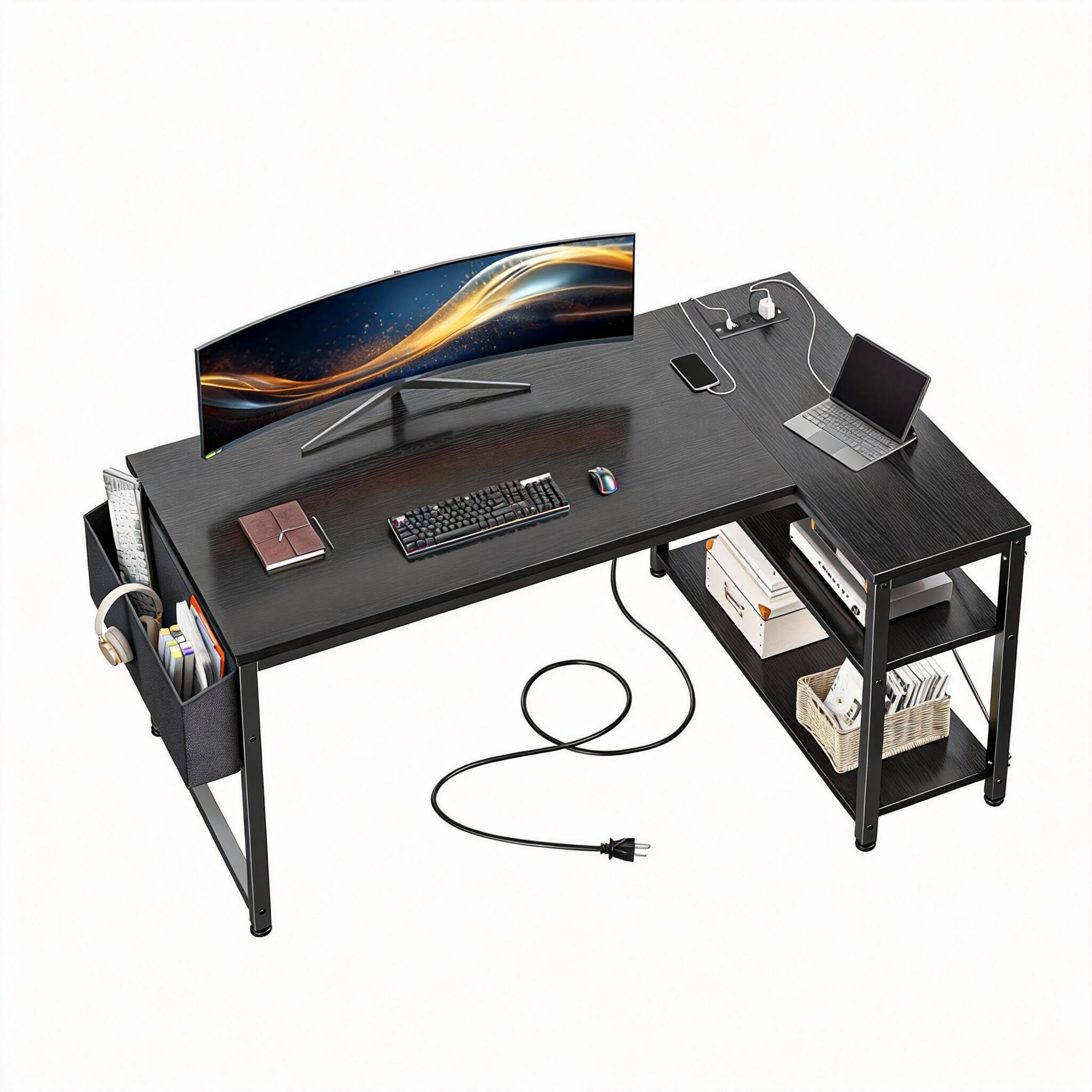 Front. Frangdom - L Shaped Desk with Power Outlets Reversible Storage Shelves Side Bag - Black 48" 2 tiers 180LBS 20min.