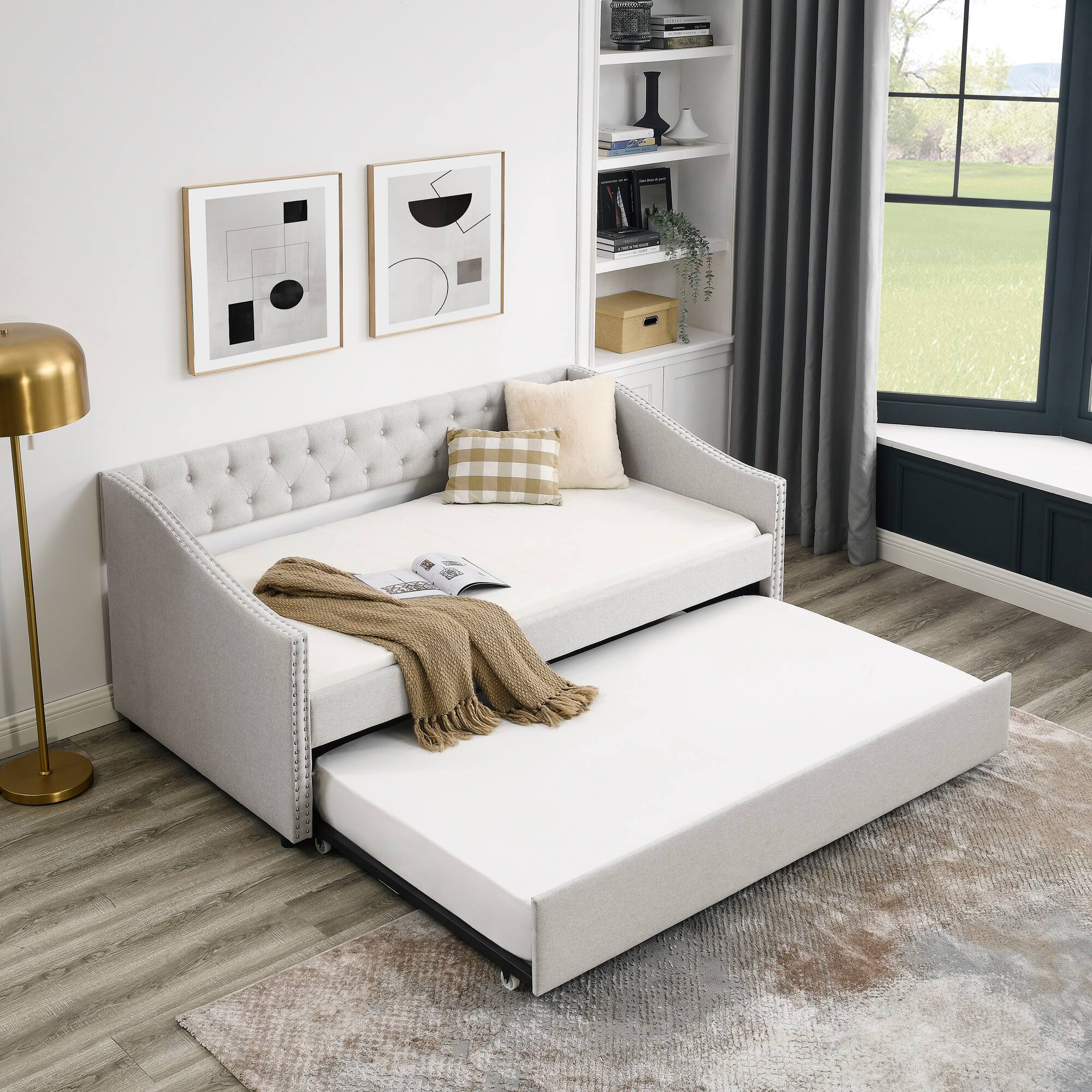 Back. Tiramisubest - Twin Size Daybed with Twin Size Trundle Upholstered Tufted Sofa Bed, Beige (80.5"x41"x30.5") - Beige.