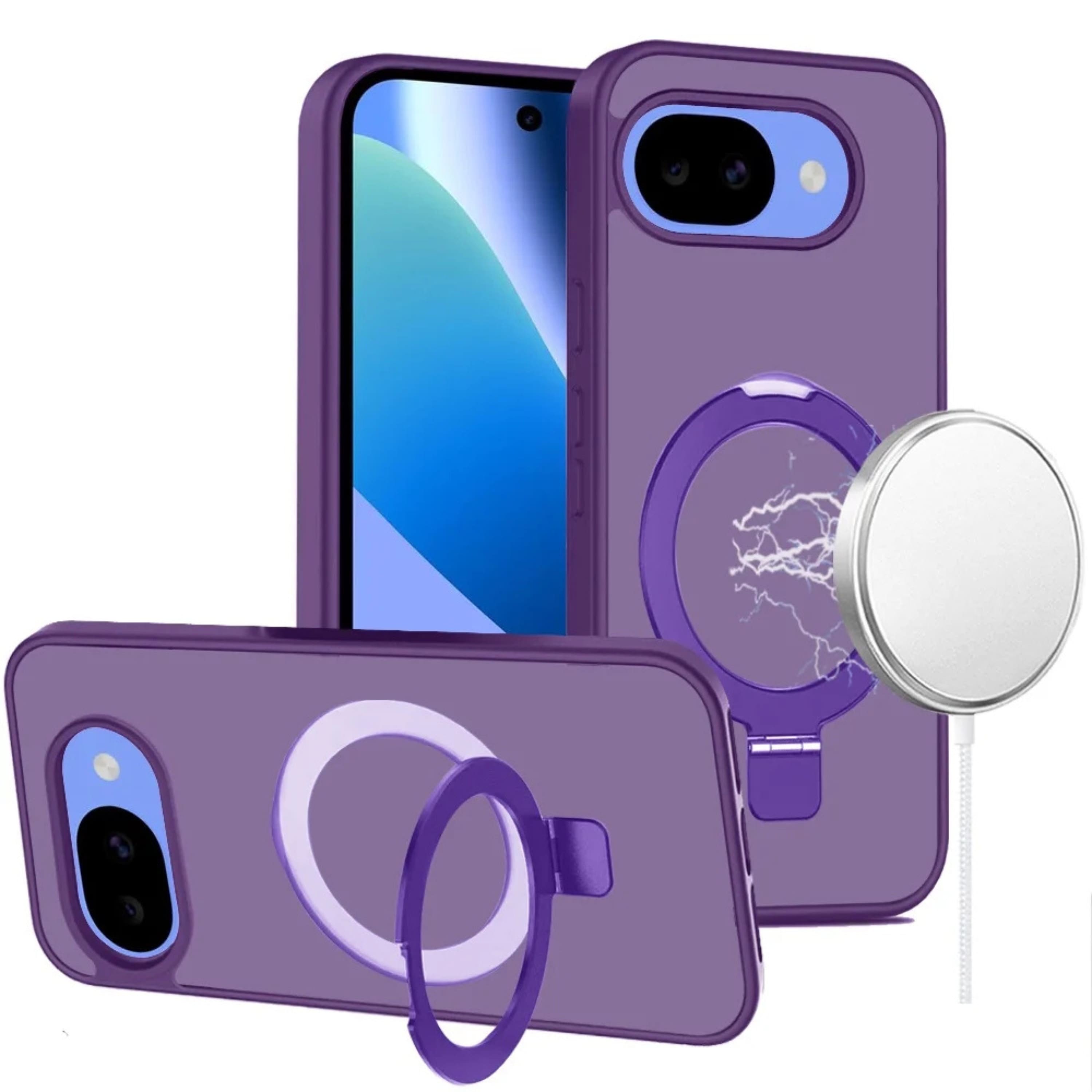 Kitcheniva - Matte Finish Metal Circle Ring Stand Rugged Cover Phone Case With Tempered Glass For Google Pixel 10a Dark - Purple