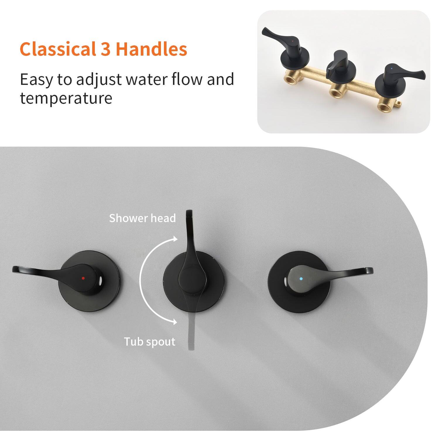 Classical 3 Handles

Easy to adjust water flow and temperature

Shower head

Tub spout