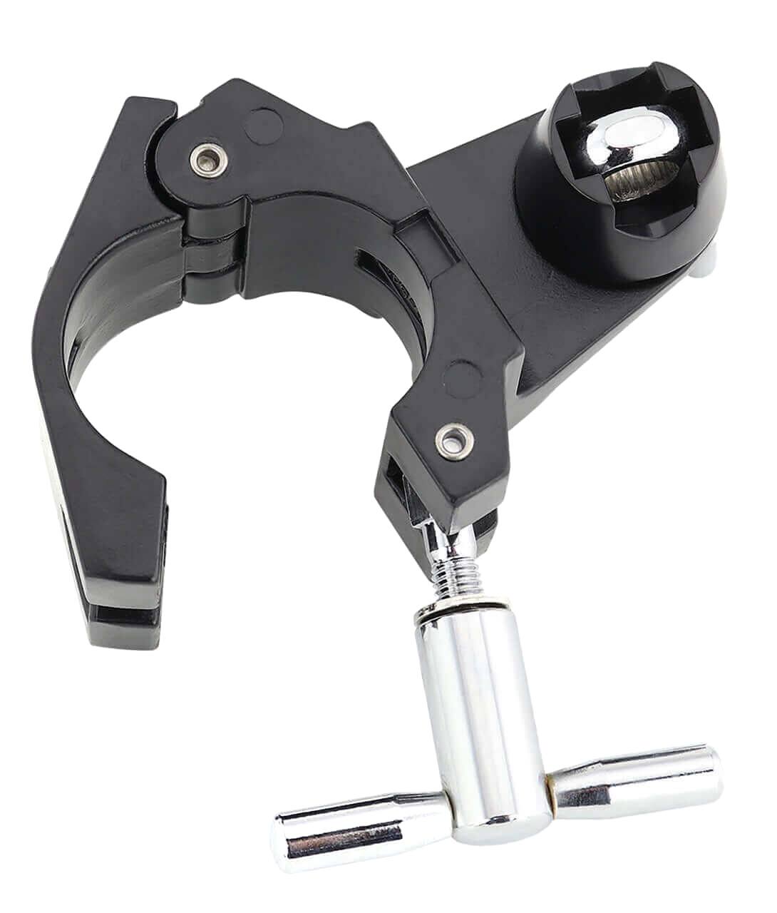 Left. Gibraltar Hardware - Road Series 1.5" Ratchet Arm Drum Rack Multi Clamp with 12.7mm Eyebolt, Micro-Adjustable Low-Profile Clamp for Rack Bar.