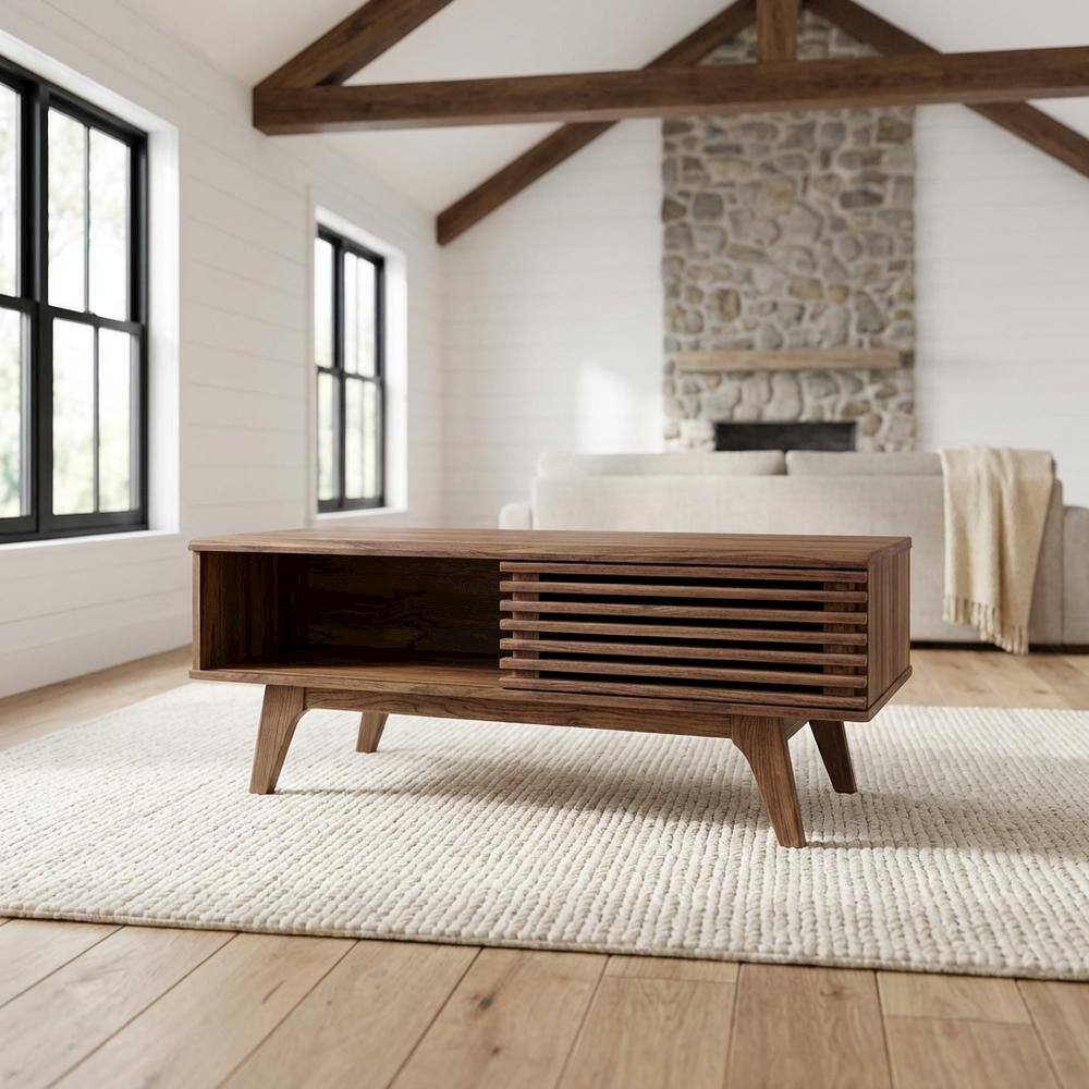 Angle. FurniFact - Modern Coffee Table in Natural Finish with Stable Wood Frame - Brown.
