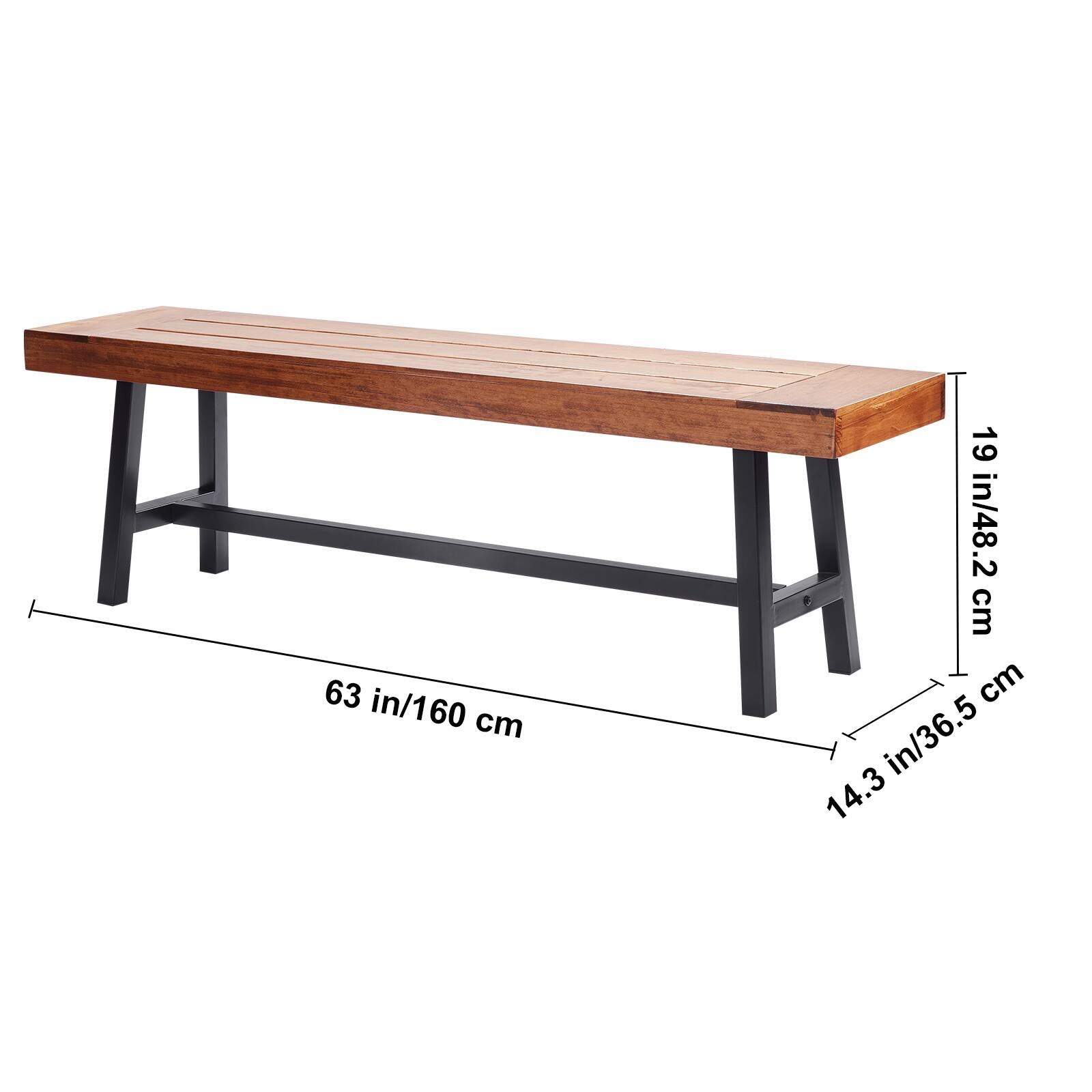 63 in/160 cm, 19 in/48.2 cm, 14.3 in/36.5 cm