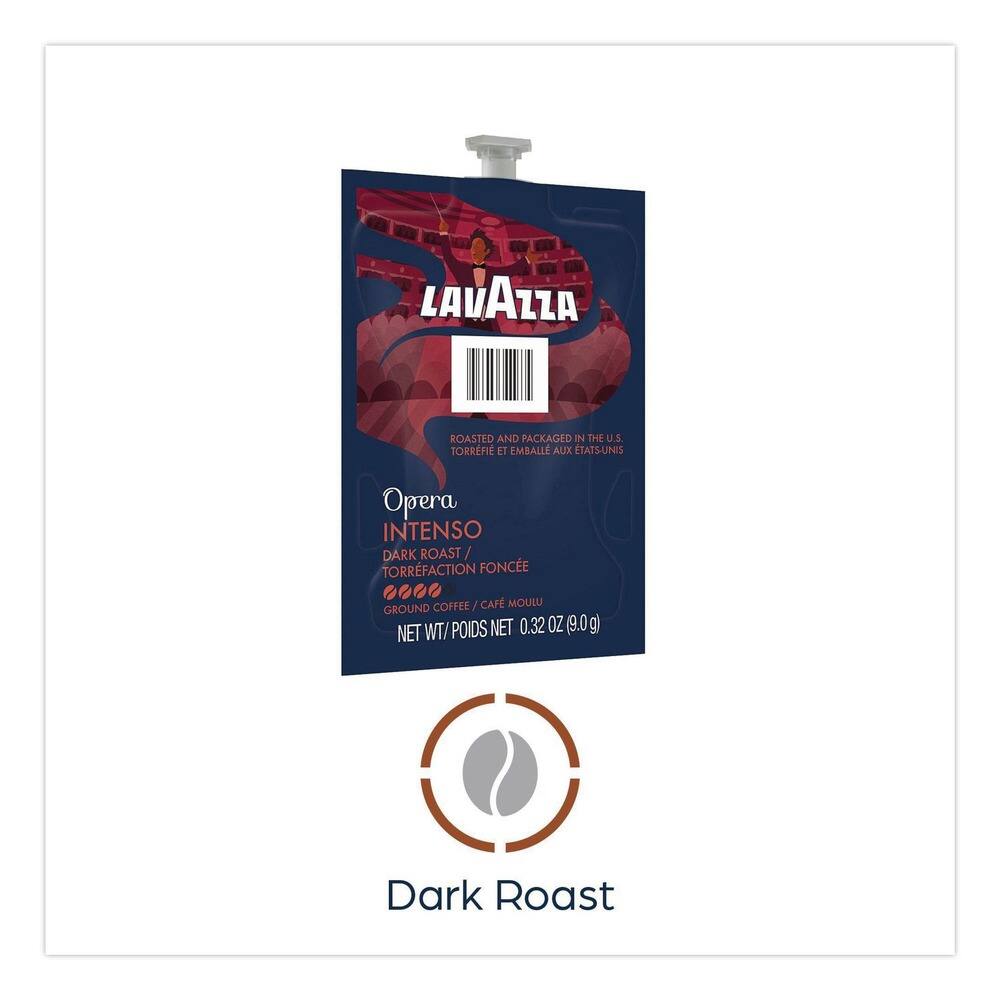 LAVAZZA  
ROASTED AND PACKAGED IN THE U.S.  
TORRFIE ET EMBALLÉ AUX ÉTATS-UNIS  

Opera INTENSO  
DARK ROAST / TORRFACTION FORTE  
GROUND COFFEE / CAFÉ MOULU  

NET WT / POIDS NET 0.32 OZ (9.0g)  

Dark Roast