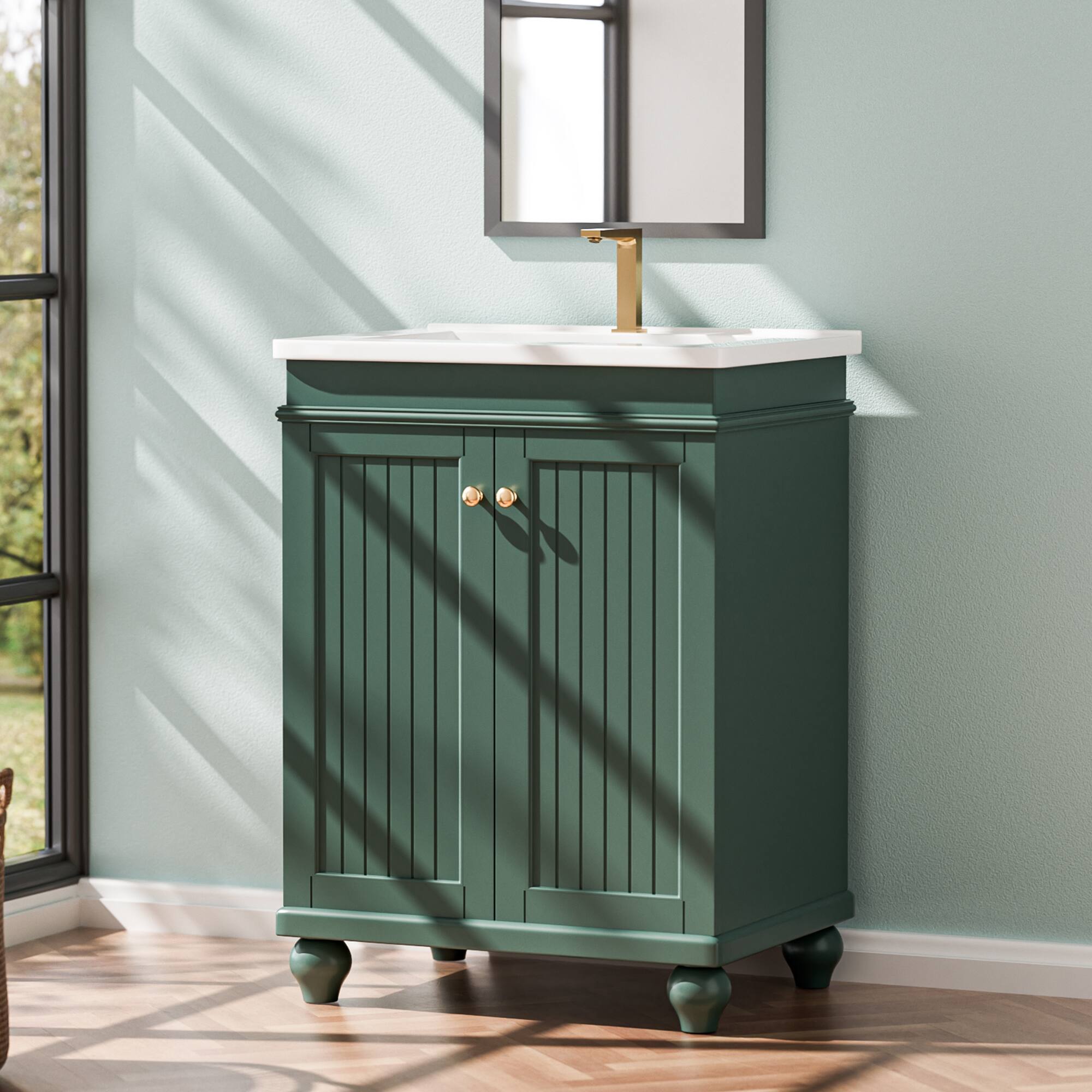 Left. KERDOM - 24" Bathroom Vanity with Ceramic Sink, Freestand Washroom Storage Cabinet, Elegant Sink Cabinet Shutter Doors, No Faucet - Green.