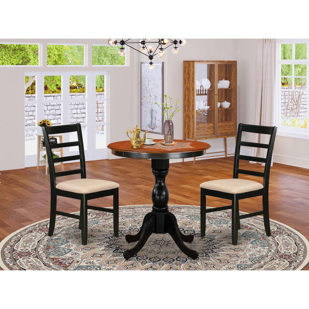 Angle. East West Furniture - East West Furniture 3-Piece Dining Room Set Include a Wood Table and 2 Linen Fabric Kitchen Chairs with Ladder Back - - Multi-Color.