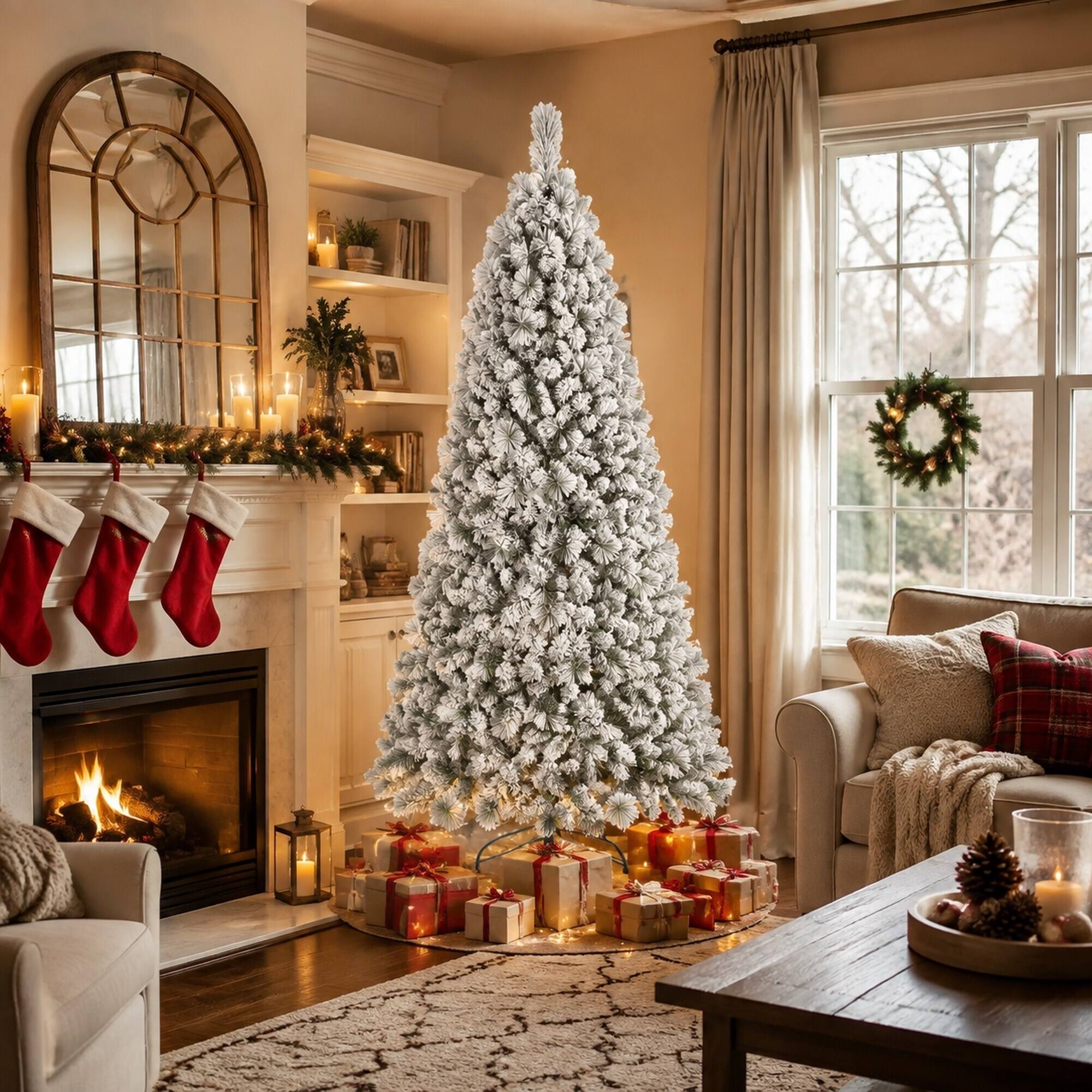 Angle. RYHNUYNE - 9FT Flocked Christmas Tree, 1964 Snowy PVC Hard Needle Branches Hinged Design Easy Setup Stable Metal Stand - Green,White.