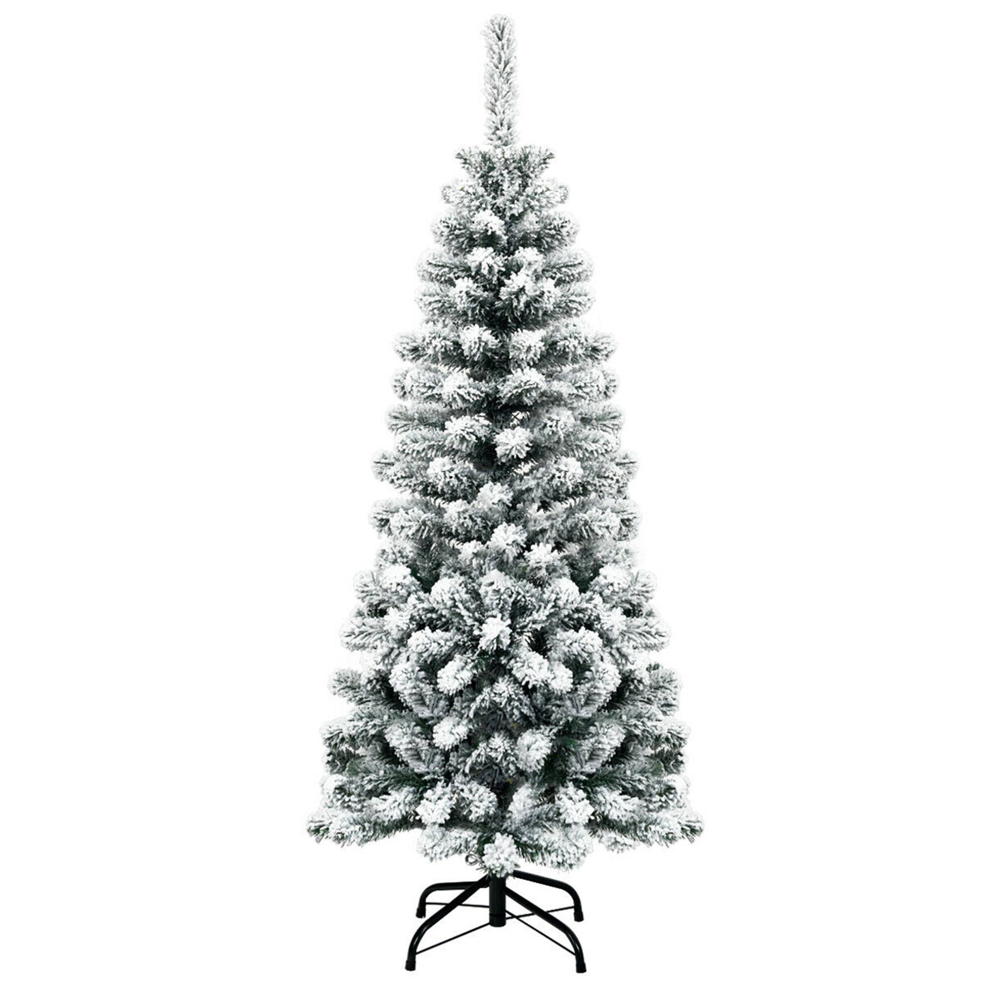 Alt View 5. Gymax - Gymax 4.5ft Snow Flocked Pencil Christmas Tree Artificial Pine Tree w/ Metal Stand - Green + White.