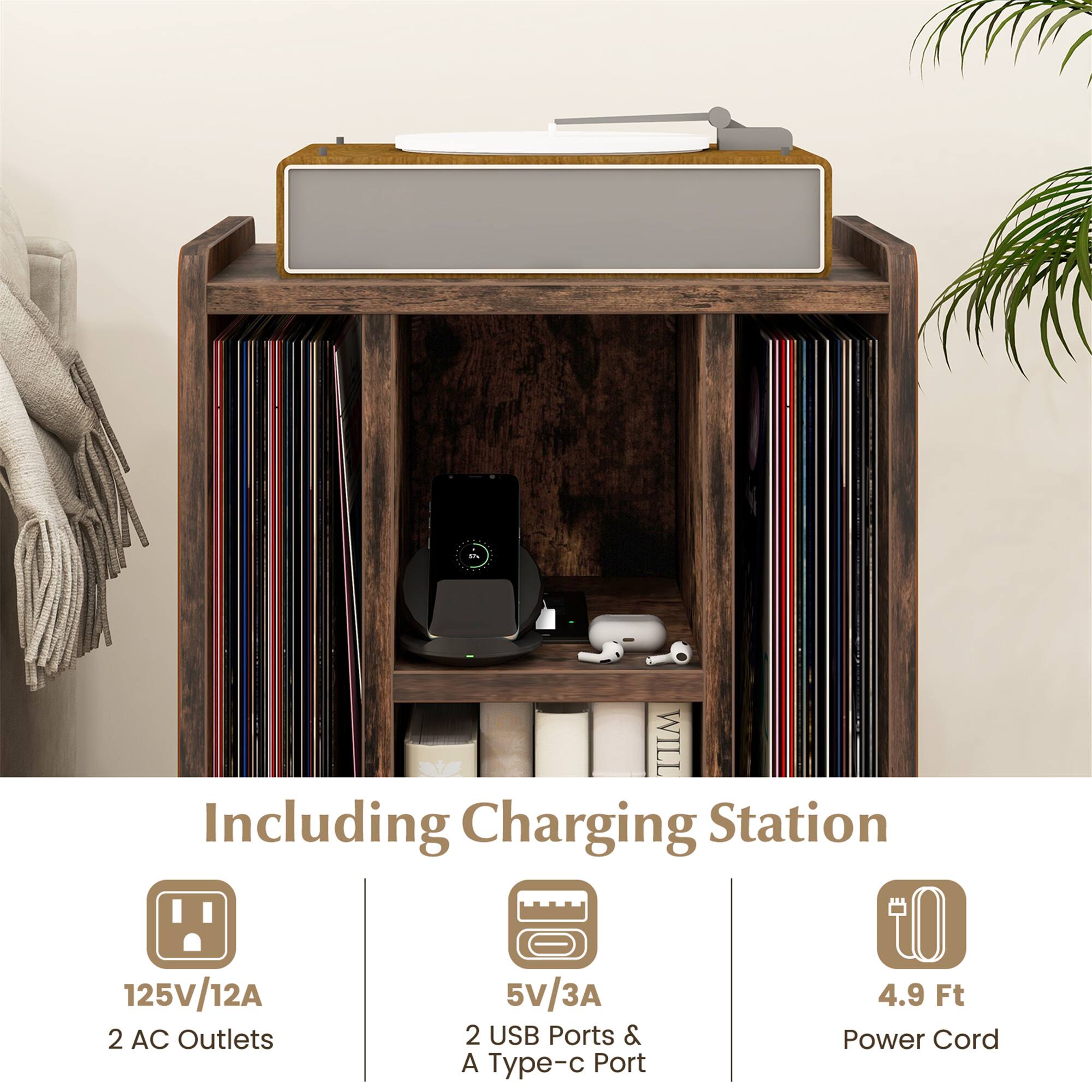 Including Charging Station, 125V/12A, 2 AC Outlets, 5V/3A, 2 USB Ports & A Type-c Port, 4.9 Ft, Power Cord