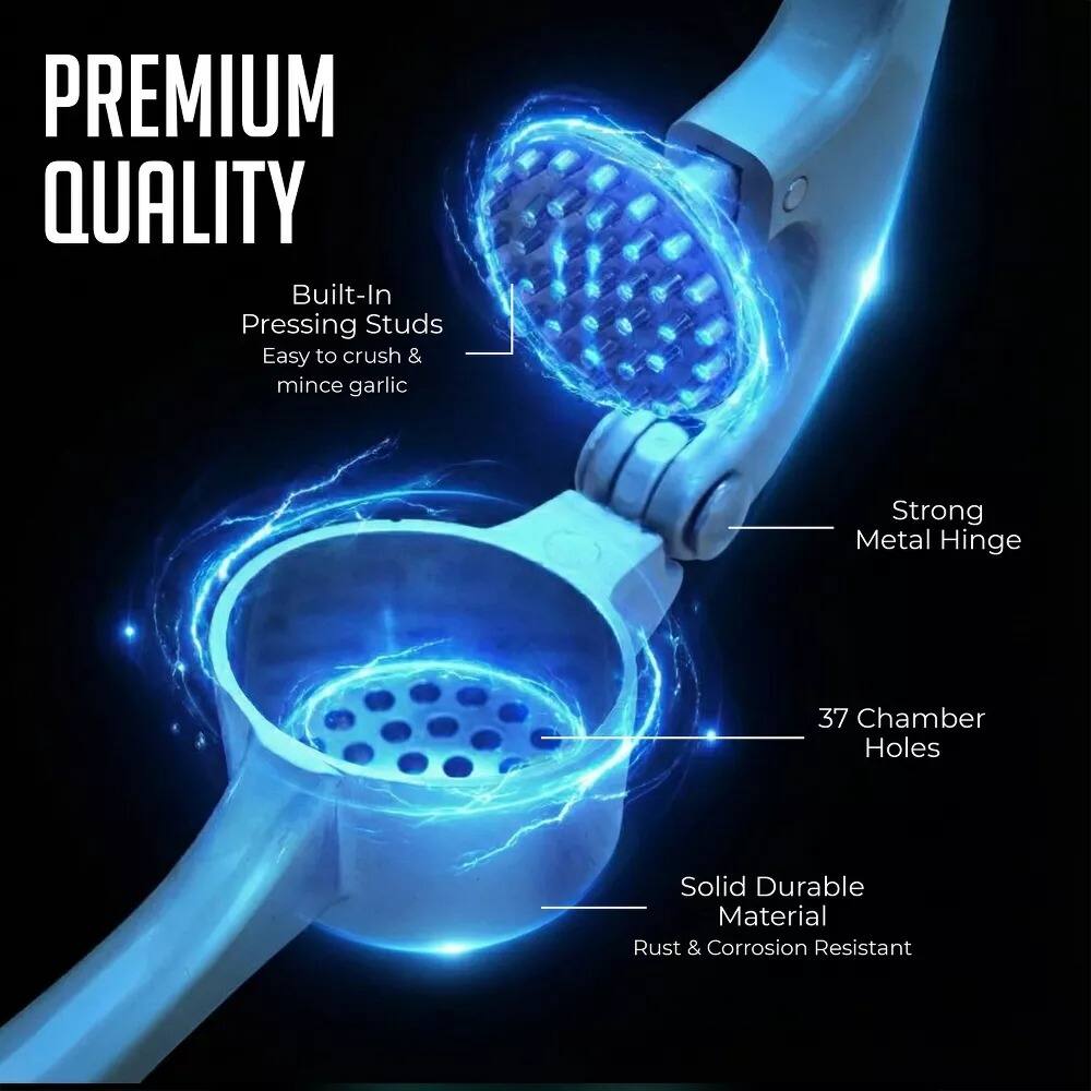 PREMIUM QUALITY

- Built-In Pressing Studs
- Easy to crush & mince garlic
- Strong Metal Hinge
- 37 Chamber Holes
- Solid Durable Material
- Rust & Corrosion Resistant