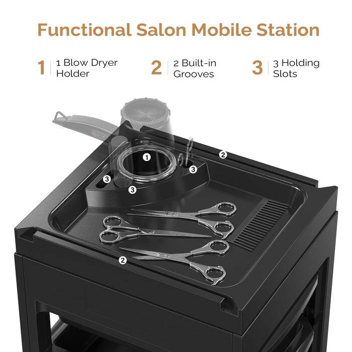 Functional Salon Mobile Station

1. 1 Blow Dryer Holder
2. 2 Built-in Grooves
3. 3 Holding Slots