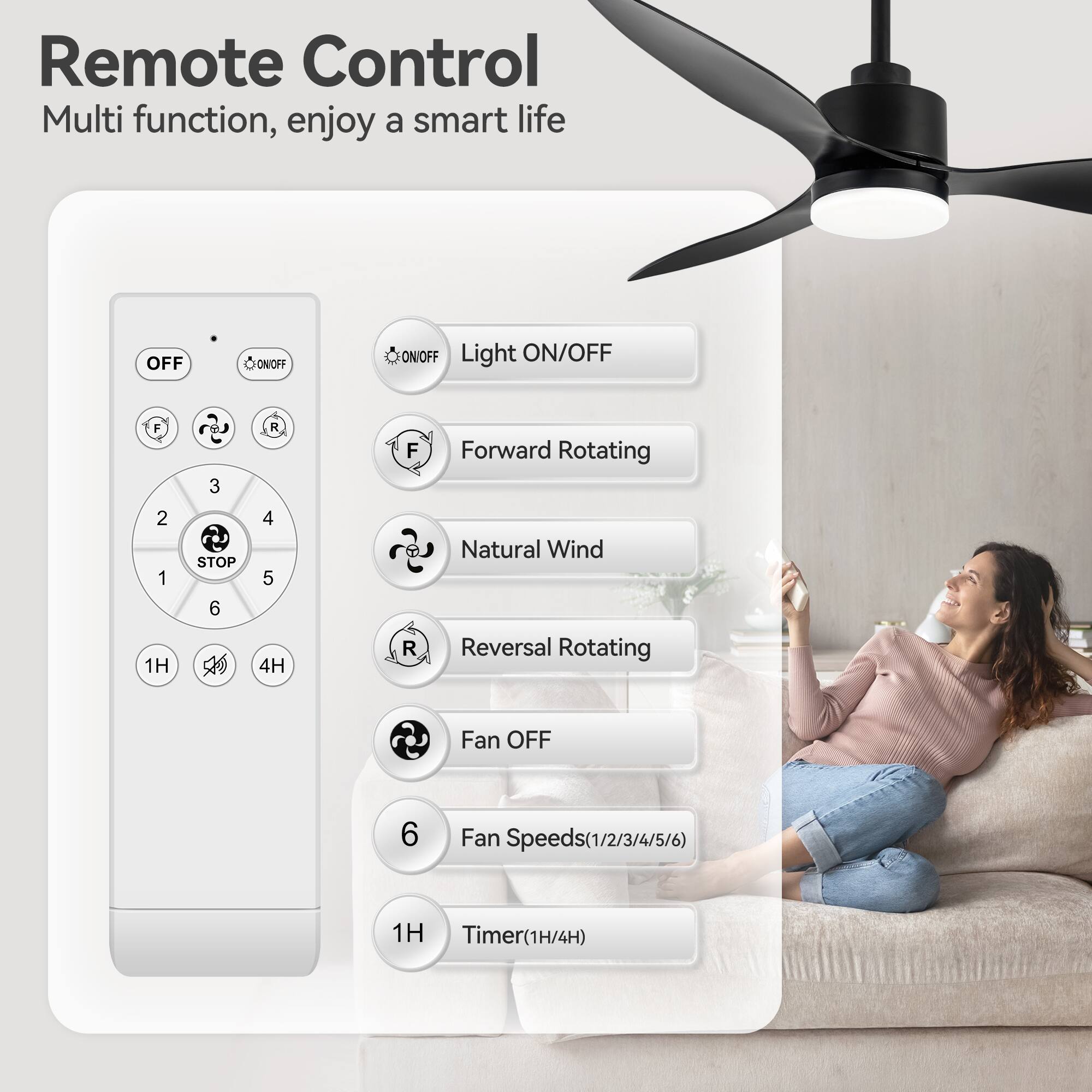 Remote Control  
Multi function, enjoy a smart life  

- Light ON/OFF  
- Forward Rotating  
- Natural Wind  
- Reversal Rotating  
- Fan OFF  
- Fan Speeds (1/2/3/4/5/6)  
- Timer (1H/4H)  

Buttons:  
- OFF  
- ON/OFF  
- F  
- R  
- 1  
- 2  
- 3  
- 4  
- 5  
- 6  
- STOP  
- 1H  
- 4H
