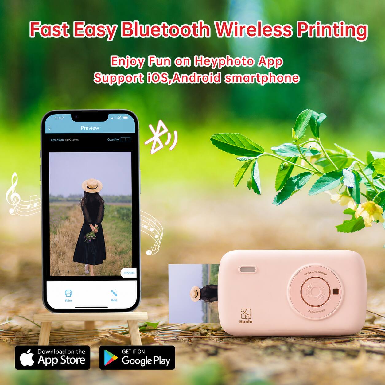 Fast Easy Bluetooth Wireless Printing  
Enjoy Fun on Heyphoto App  
Support iOS, Android smartphone  

11:17  
4G  
Preview  
Dimension: 50*70mm  
Quantity: 1  
CP2100  
MARK VOREVER PRONES  
Print  
Edit  
DESIGN 2 Happy  
Hanin  

Download on the App Store  
GET IT ON Google Play