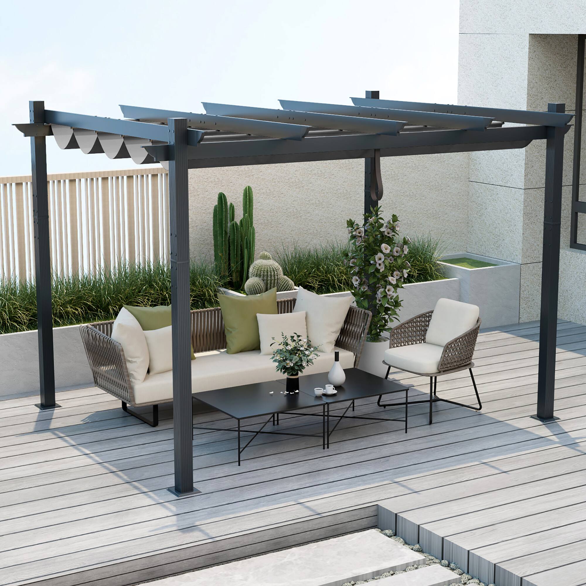 Alt View 2. Costway - Costway 10x12ft Outdoor Aluminum Retractable Pergola Canopy Shelter Grape Trellis - Gray.