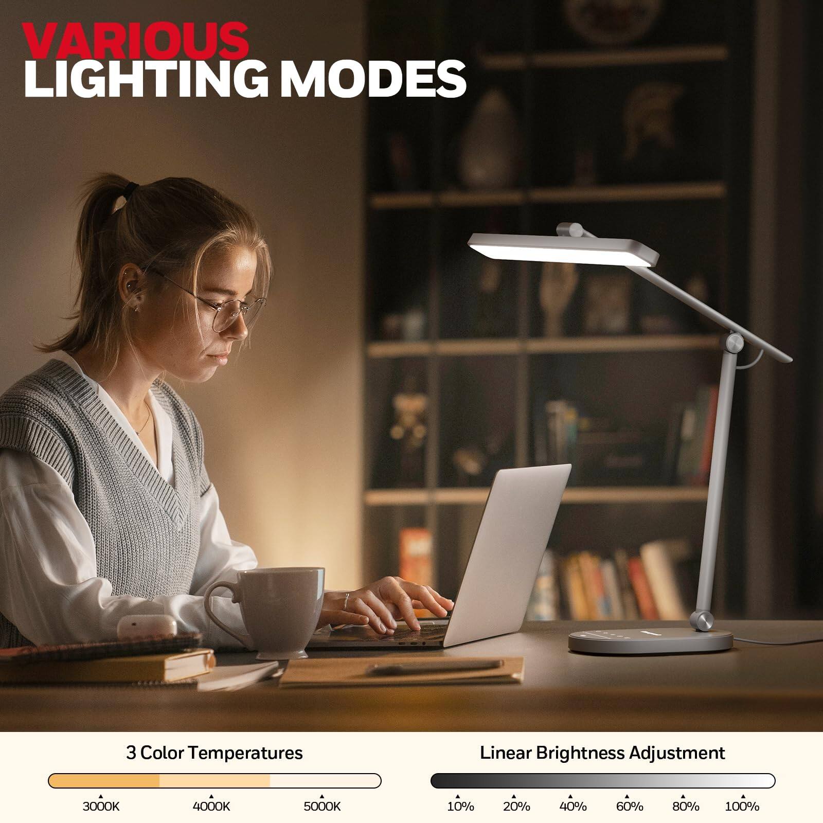 VARIOUS LIGHTING MODES

3 Color Temperatures
3000K 4000K 5000K

Linear Brightness Adjustment
10% 20% 40% 60% 80% 100%