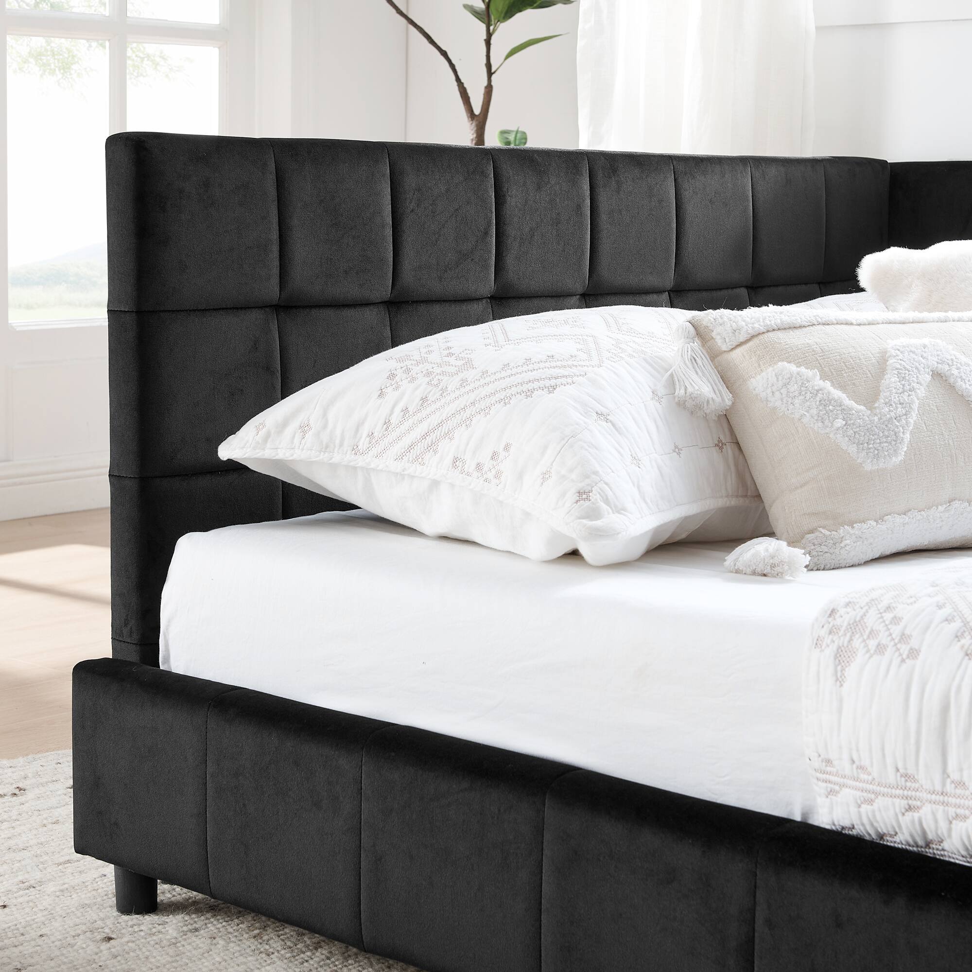 Back. Anysun - Full Velvet Tufted Sofa Bed Frame - with Comfortable Backrest & Armrests for Bedroom or Living Room - Black.