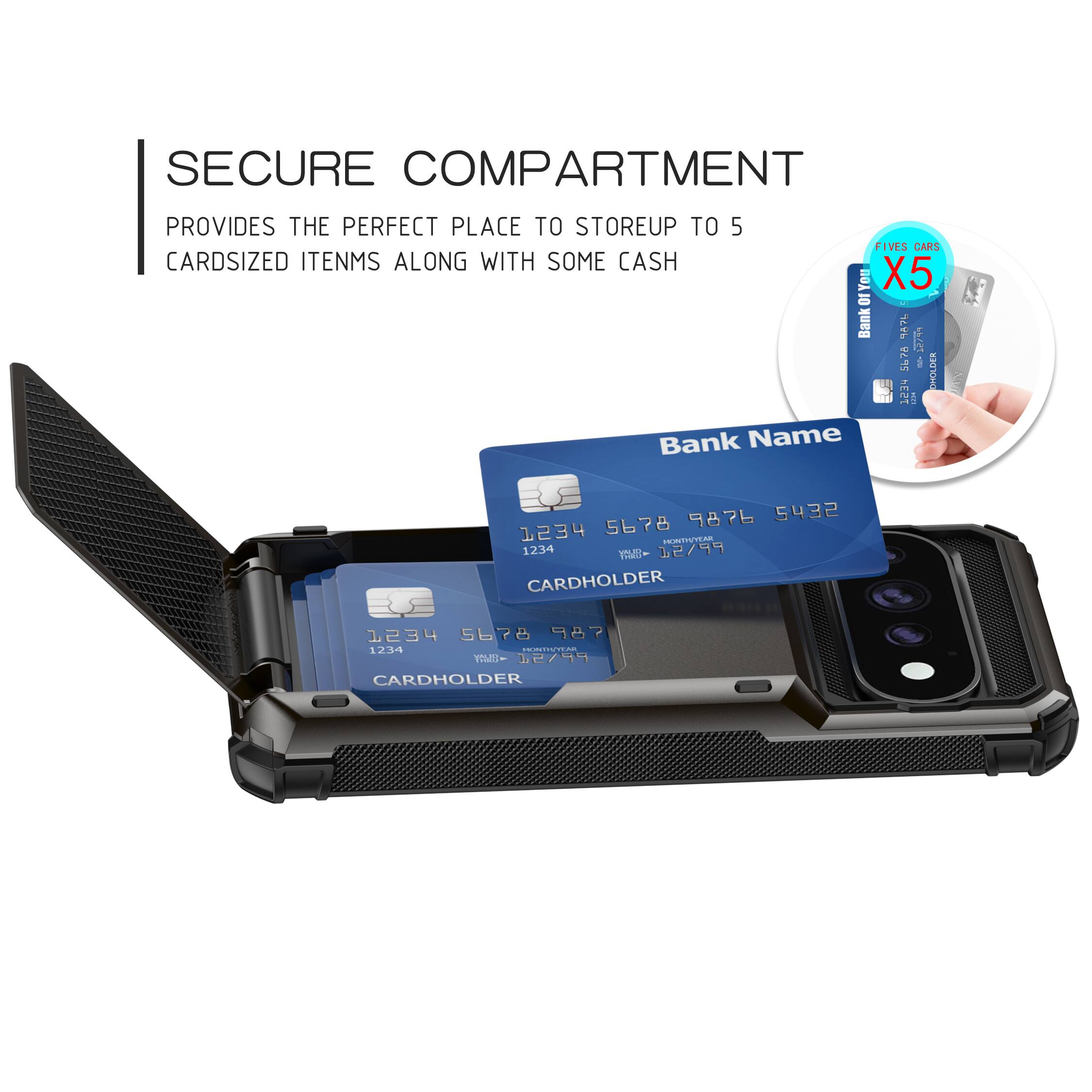 SECURE COMPARTMENT  
PROVIDES THE PERFECT PLACE TO STORE UP TO 5 CARDSIZED ITEMS ALONG WITH SOME CASH  

Bank Name  
1234 5678 9876 5432  
MONTH/YEAR 12/99  
CARDHOLDER  

Bank Name  
1234 5678 9876 5432  
MONTH/YEAR 12/99  
CARDHOLDER