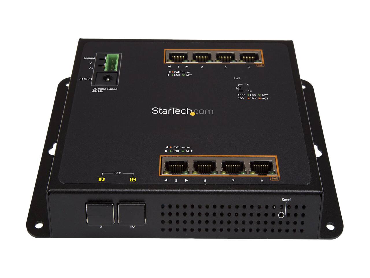 Ground  
V- V+  
DC Input Range 48-56V  

1 2 3 4  
PoE In-use LNK ACT  

5 6 7 8  
PoE In-use LNK ACT  

9 10  
SFP  
1000 LNK 100 LNK ACT ACT  

StarTech.com  

Reset  
IU