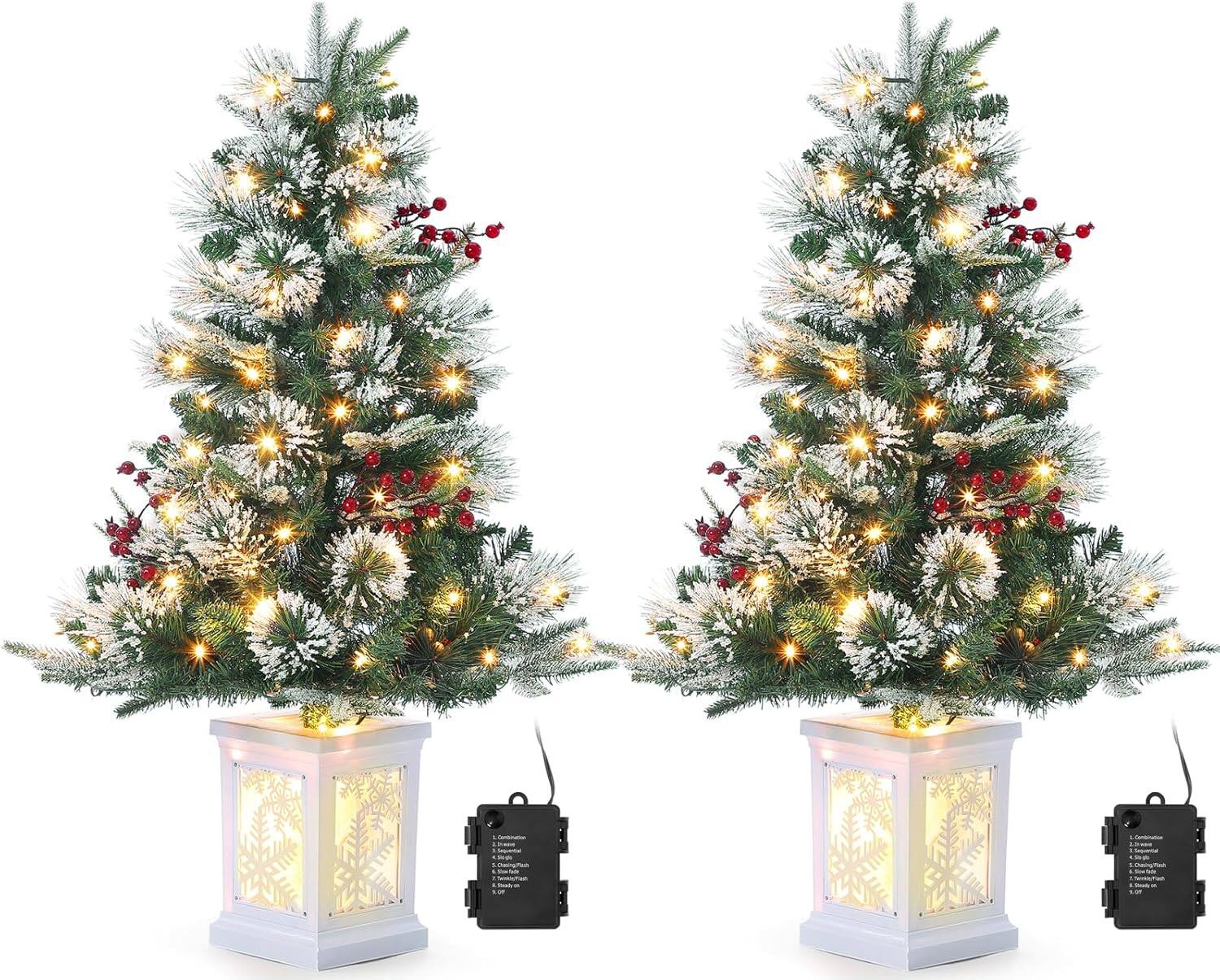 Front. GARVEE - 3ft Snow Flocked Xmas Tree 2-Pack, 8-Mode Warm White LED, Battery Powered - Green.